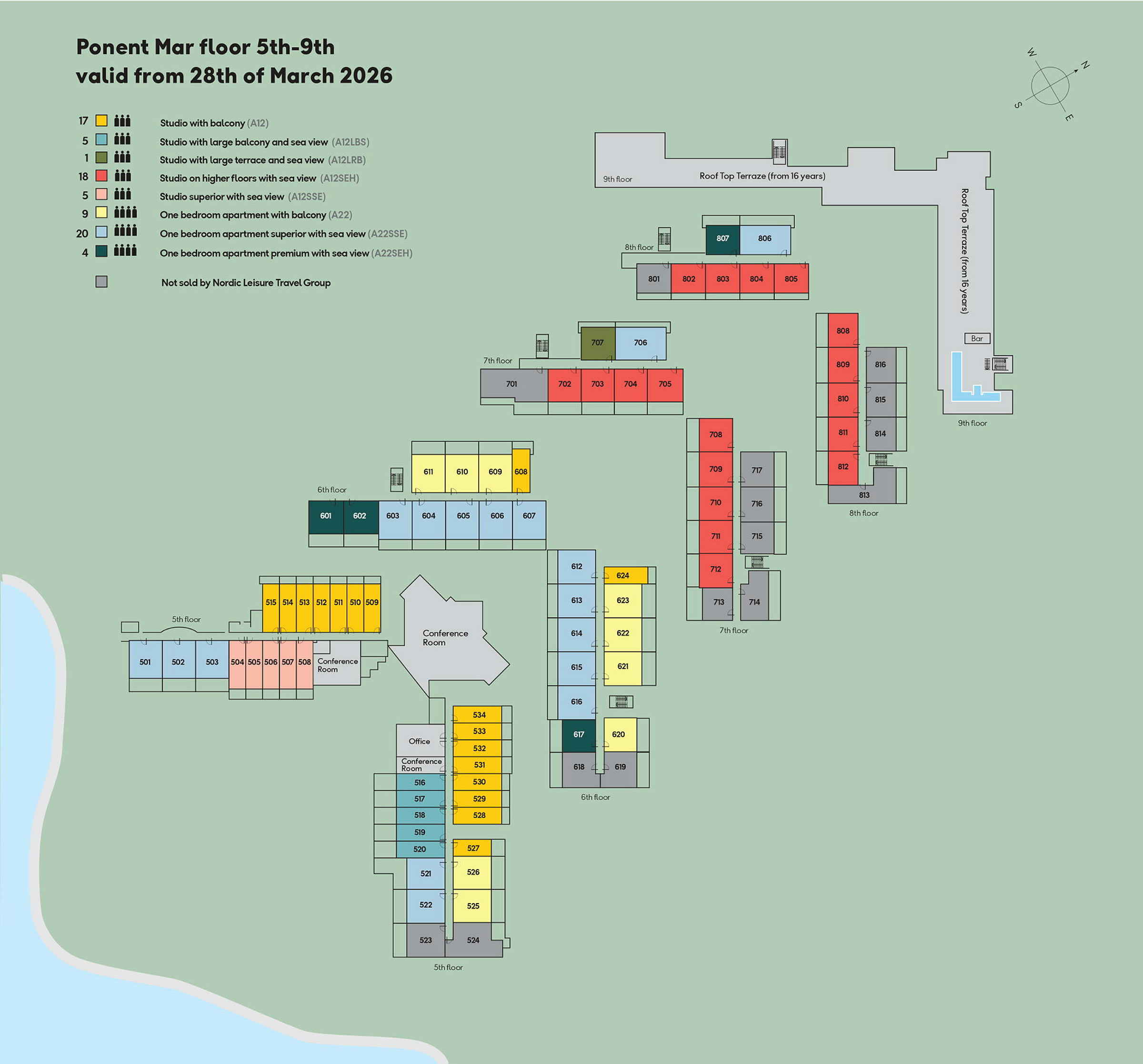 Översikt av Ponent Mar våningsplan 5–9 med markerade rumstyper och faciliteter. (AI-genererad text)