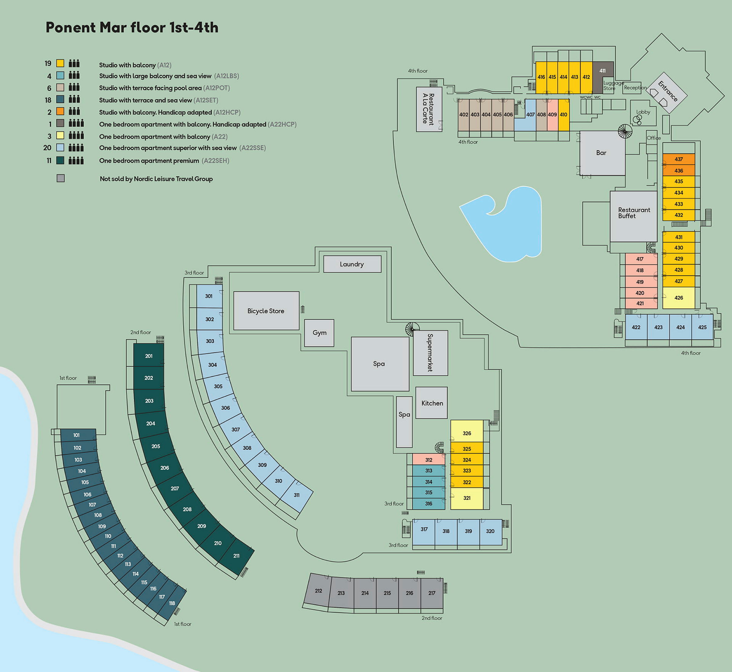 Planritning av Ponent Mar med rumsmarkeringar och faciliteter. (AI-genererad text)