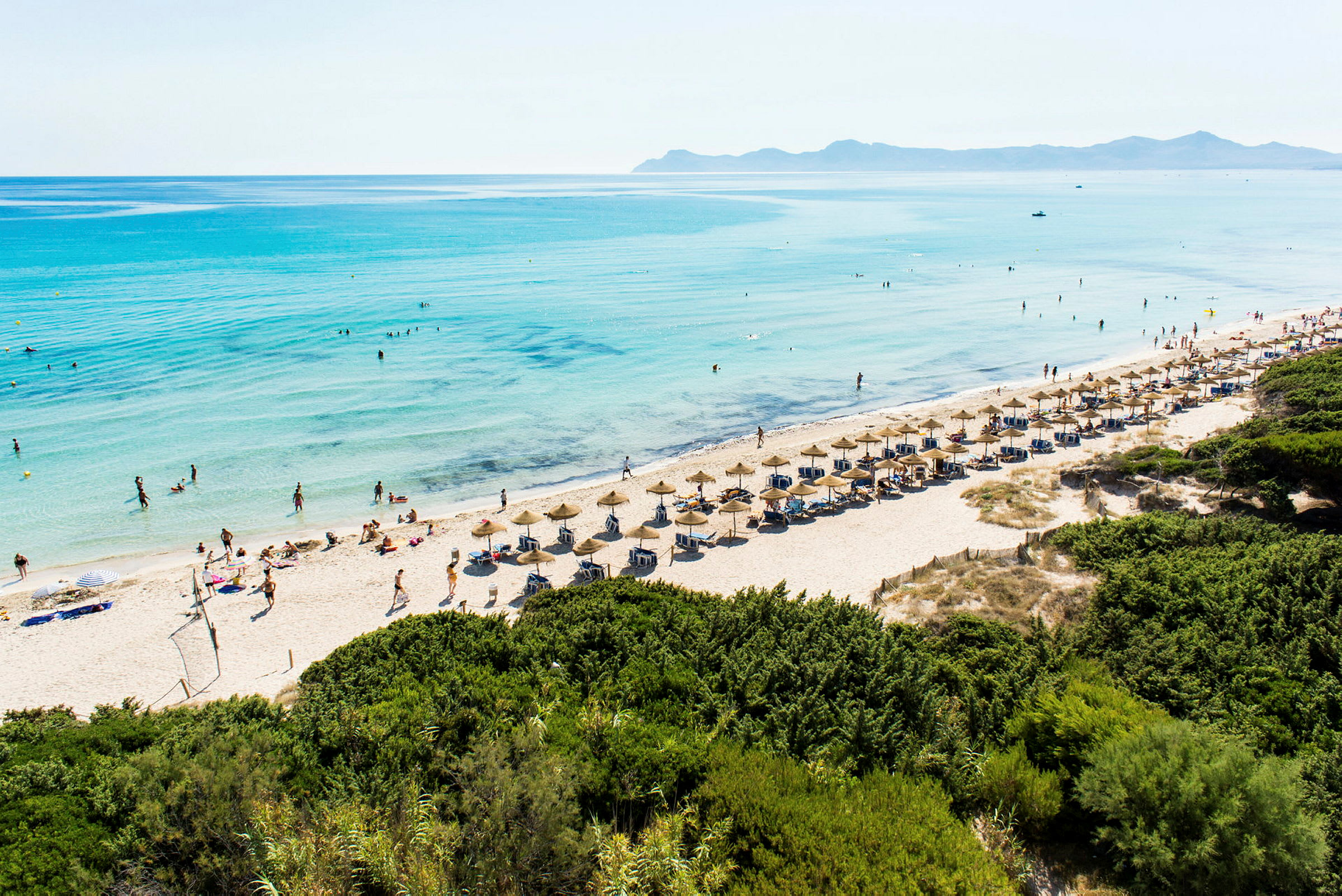 Strand med parasoller och solstolar nära klart blått vatten. (AI-genererad text)