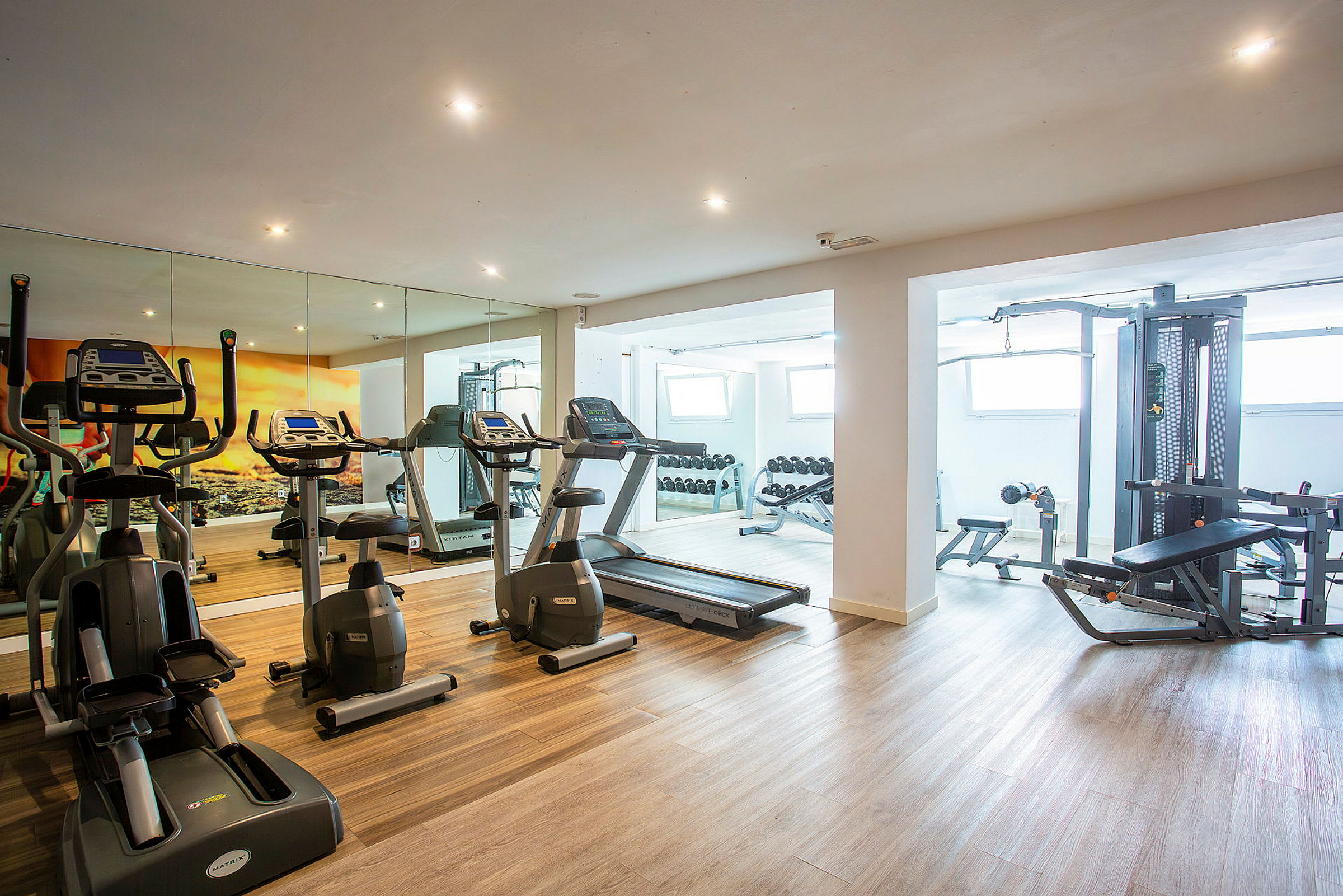 Ett gym med träningsmaskiner och fria vikter. (AI-genererad text)