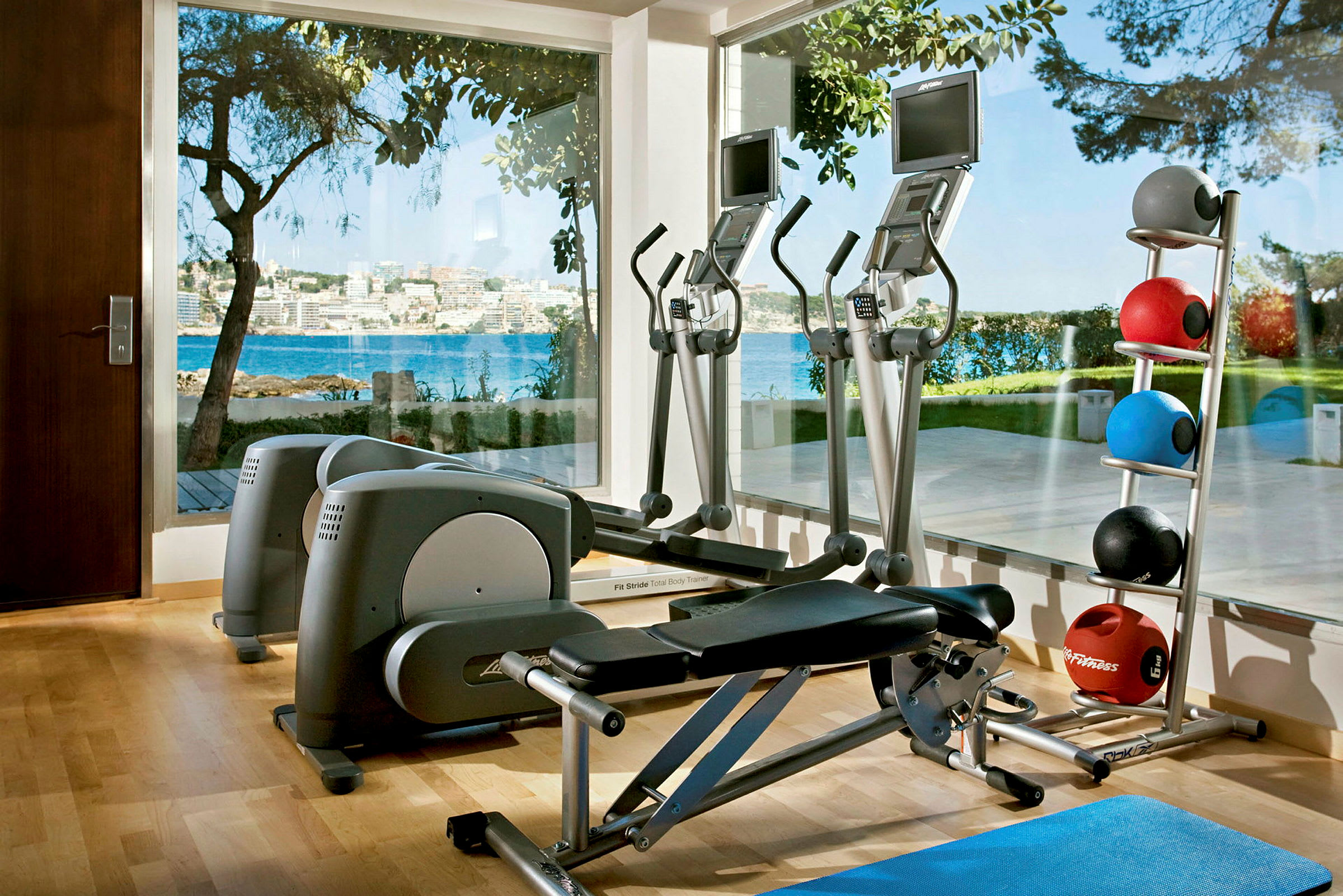 Ett gym med träningsutrustning som löpband, träningsmaskiner och medicinbollar, med utsikt över havet genom stora fönster. (AI-genererad text)
