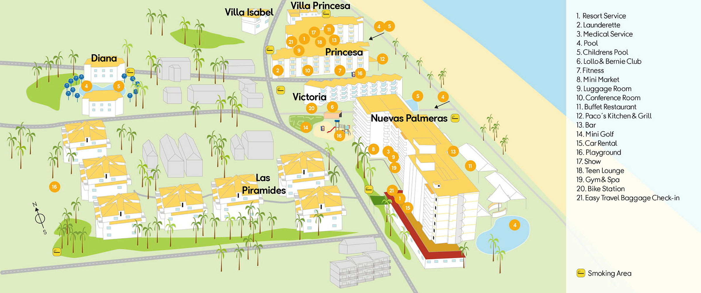Illustration av ett hotellområde med byggnader, pooler, faciliteter och en strand. (AI-genererad text)