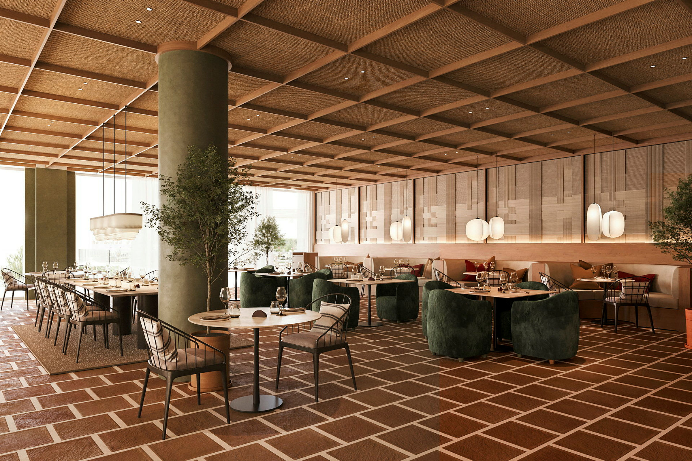 En elegant restaurang med gröna väggar, ett rutigt golv och modern inredning med bord och stolar. (AI-genererad text)