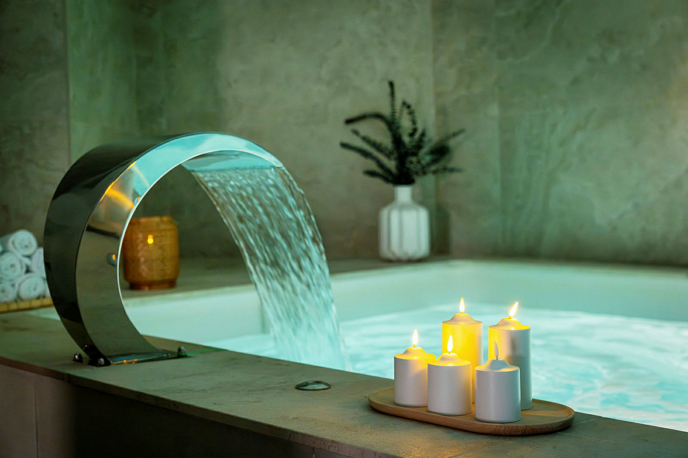 En jacuzzi med rinnande vatten, ljus placerade på kanten och en vas i bakgrunden. (AI-genererad text)