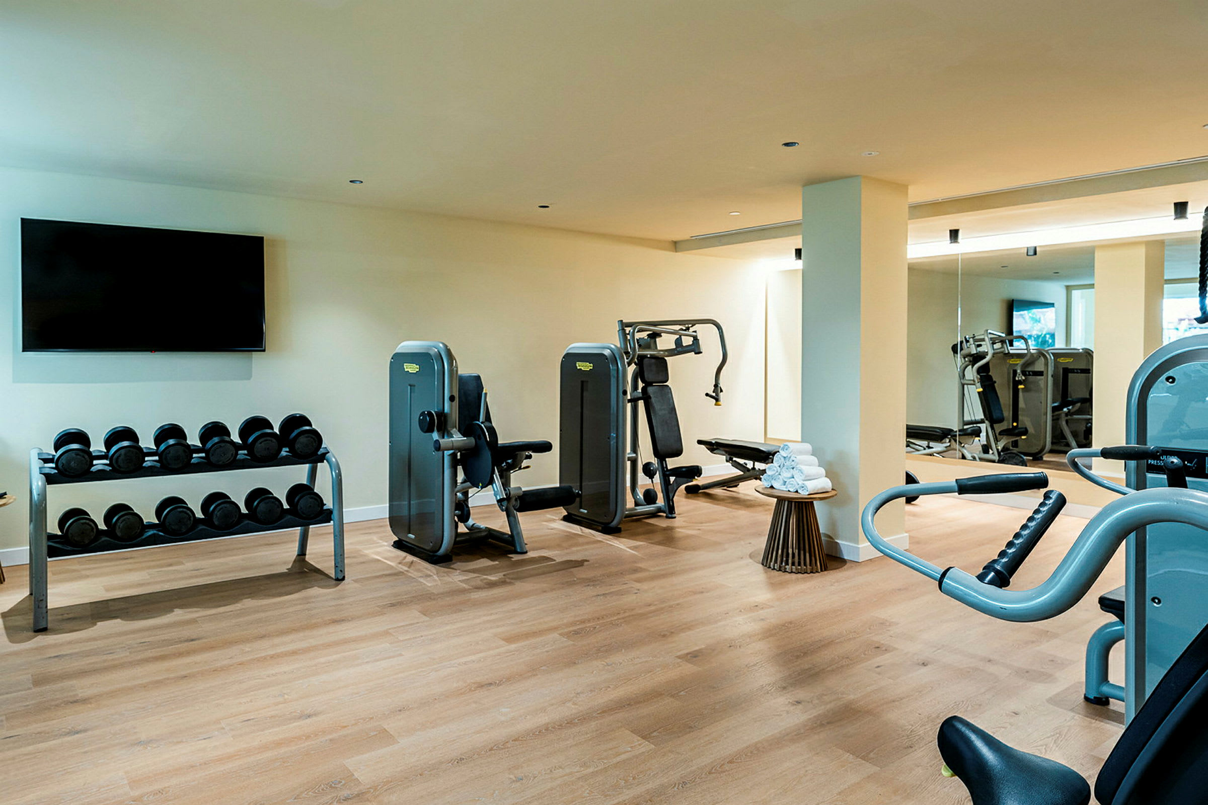 Ett modernt gym med träningsmaskiner, en hantelställning och en stor spegel. (AI-genererad text)