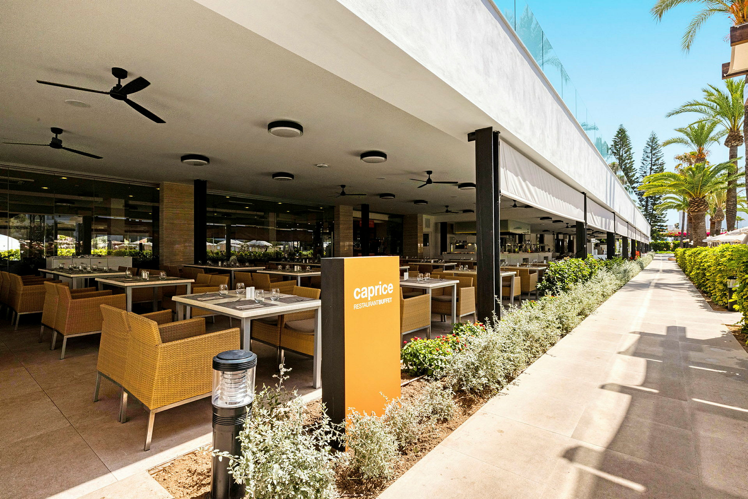 Restaurang med uteservering och bord i rad nära växter. (AI-genererad text)
