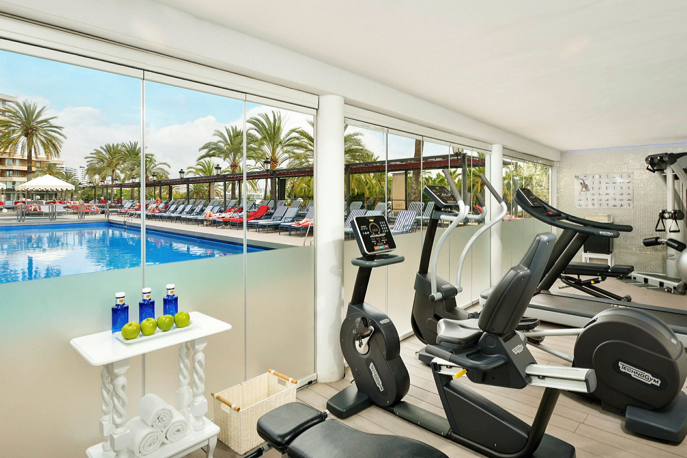 Ett gym med träningsmaskiner och en utsikt mot ett poolområde med solstolar och palmer. (AI-genererad text)