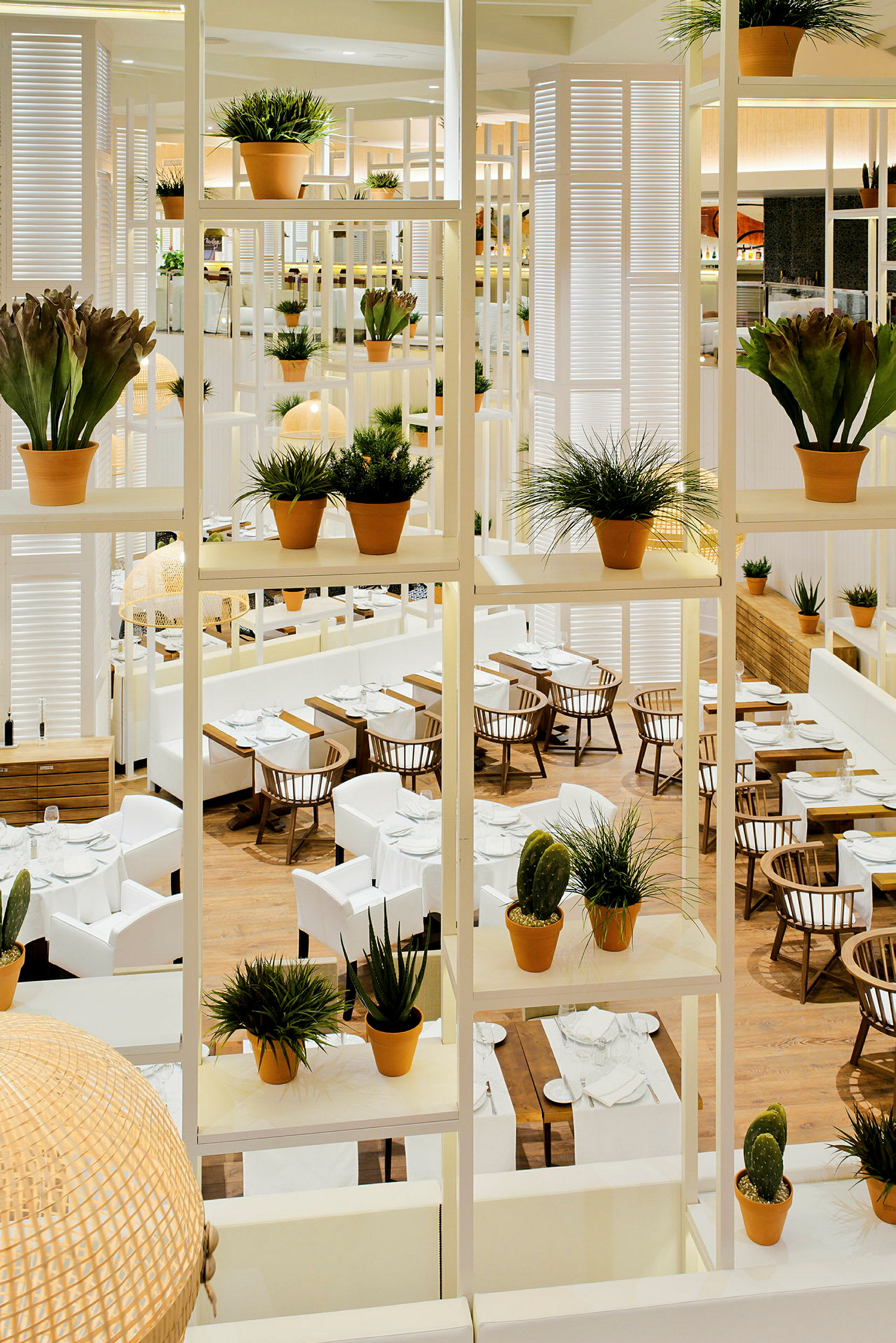 Interiör av en elegant restaurang med vita möbler och bord uppställda, inramade av hyllor dekorerade med krukväxter. (AI-genererad text)