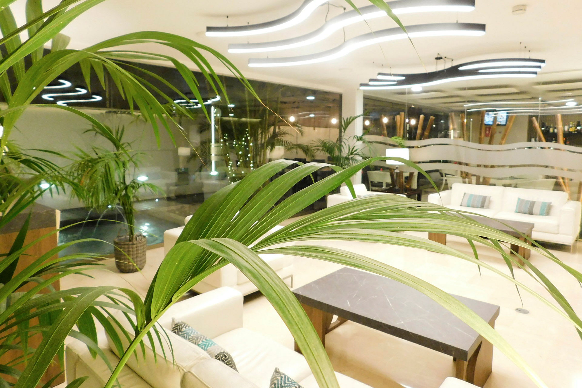 Ljus och modern lobby med soffor och bord, med grönskande växter och elegant belysning. (AI-genererad text)