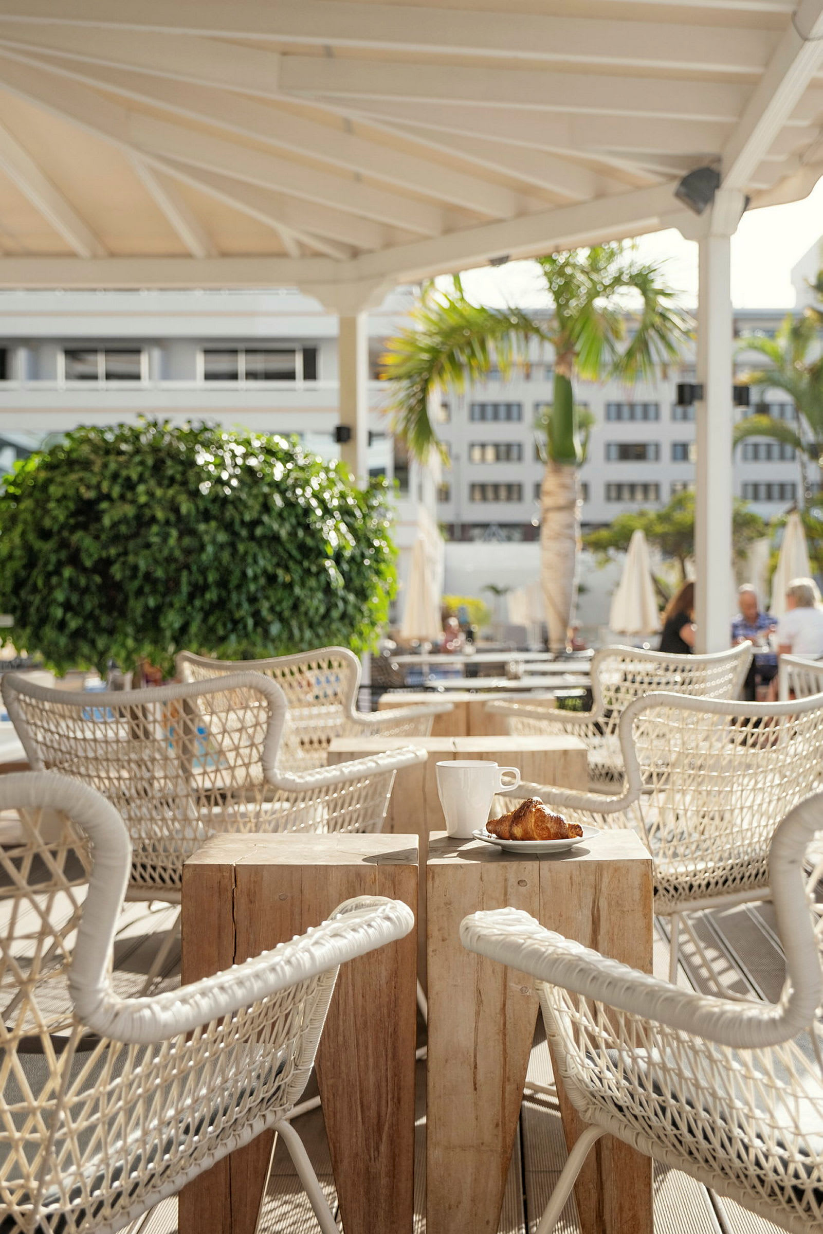 Ett cafébord med två trästolar under en pergola, med en kaffekopp och en croissant på bordet. Bakgrund inkluderar tropiska växter och andra bord. (AI-genererad text)