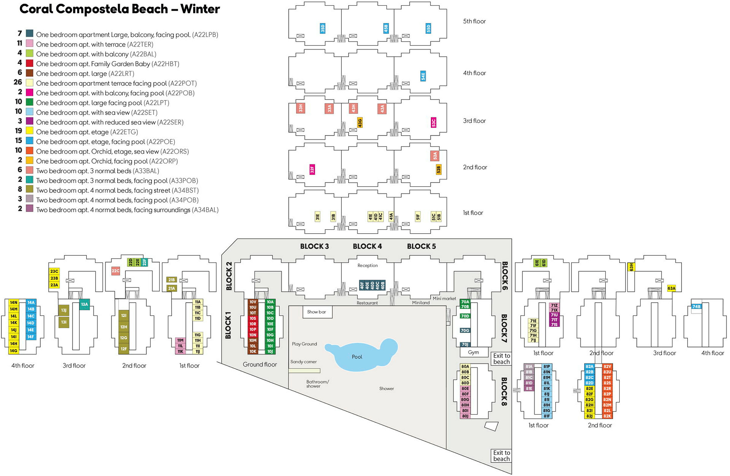 En karta över hotellet Coral Compostela Beach under vinter, med rumstyper, våningar och faciliteter markerade. (AI-genererad text)