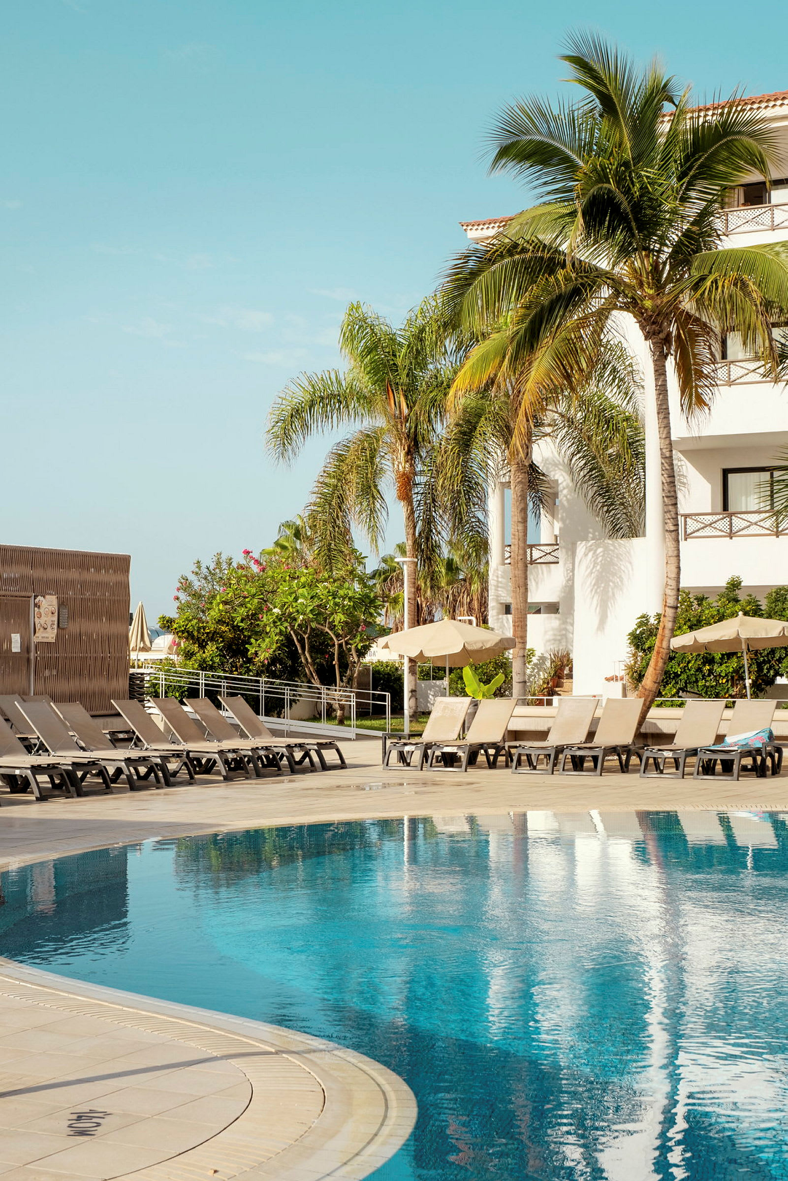 En pool med solstolar, parasoller och palmer vid ett hotell. (AI-genererad text)