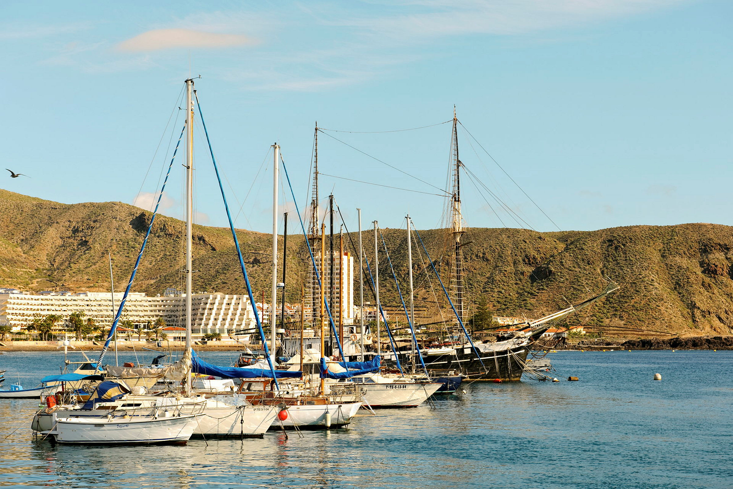 Bild av segelbåtar förtöjda i en hamn med kullar i bakgrunden och några byggnader synliga. (AI-genererad text)