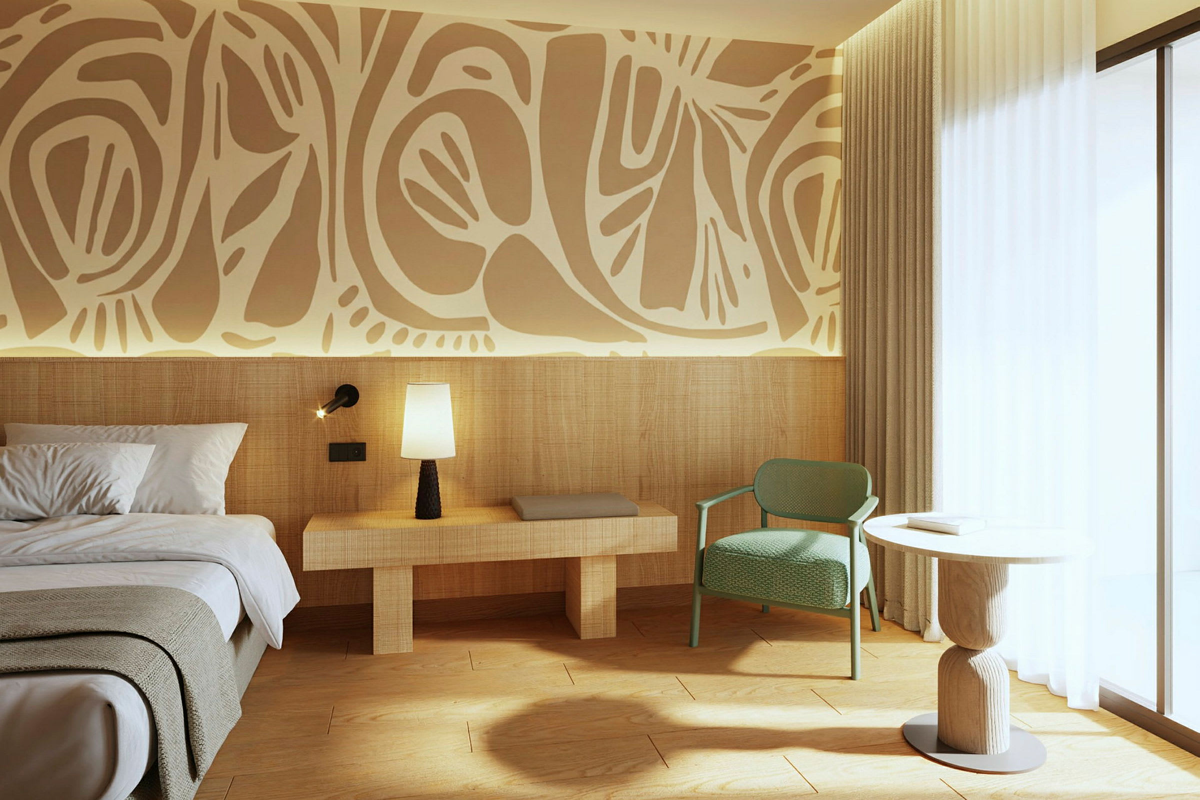 Bild av ett modernt hotellrum med dekorativ konst på väggen. Det finns en säng till vänster, ett nattduksbord med en lampa, en grön stol och ett runt bord nära ett stort fönster. (AI-genererad text)