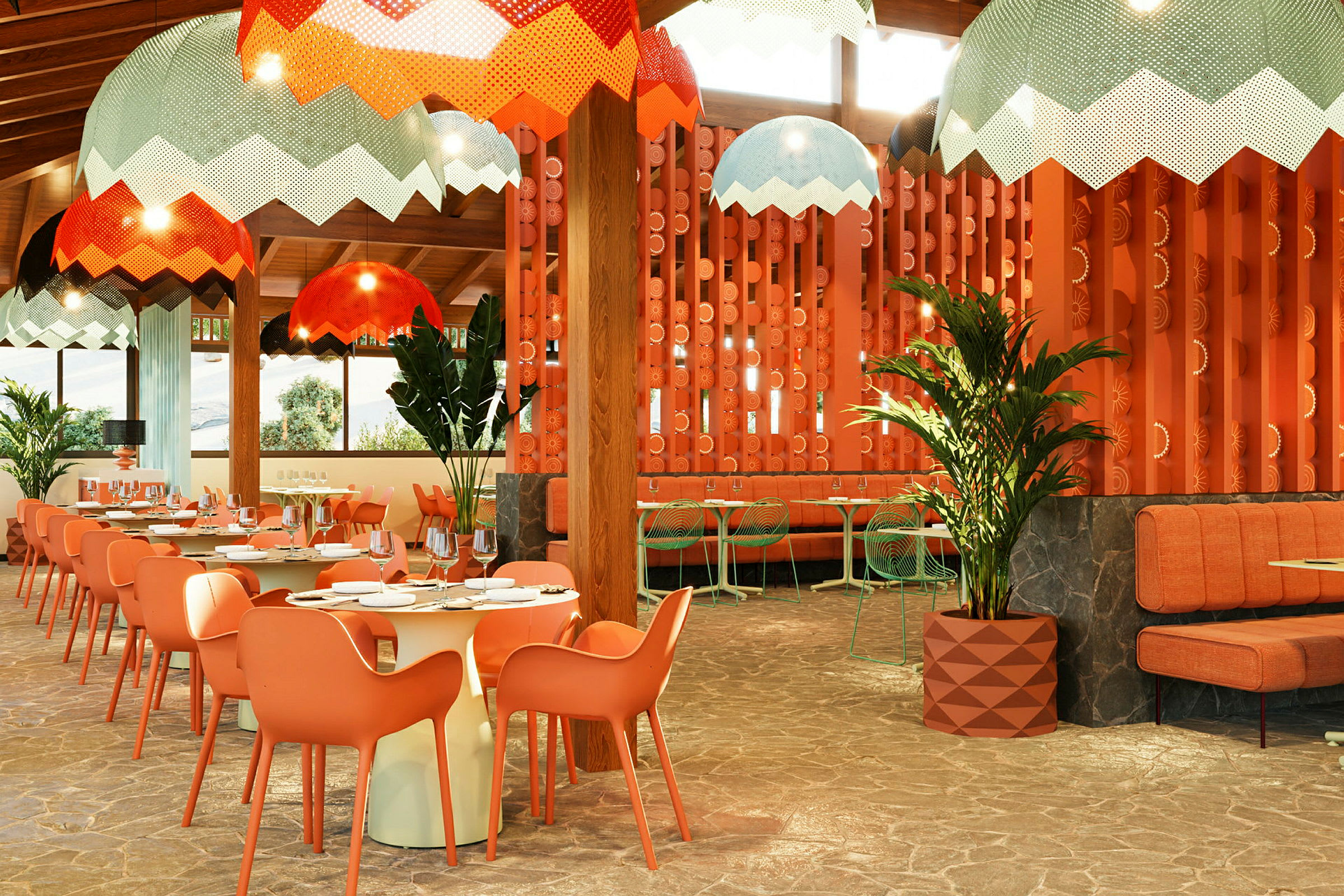 Interiörbild av en restaurang med orange och röda nyanser, moderna möbler och dekorativa lampor. (AI-genererad text)