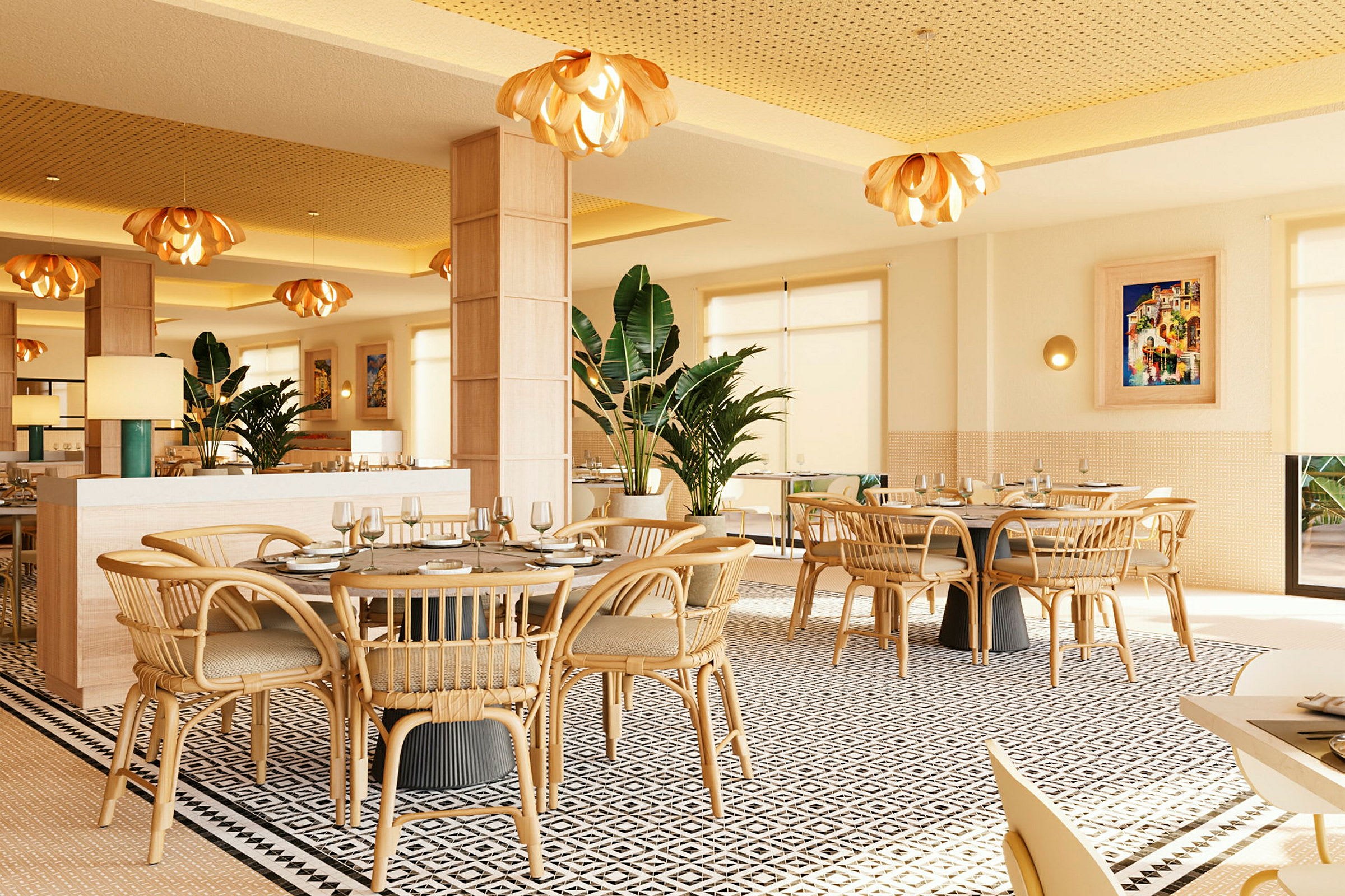 En ljus restaurang med trästolar och bord, dekorativa lampor samt växter i krukor. (AI-genererad text)