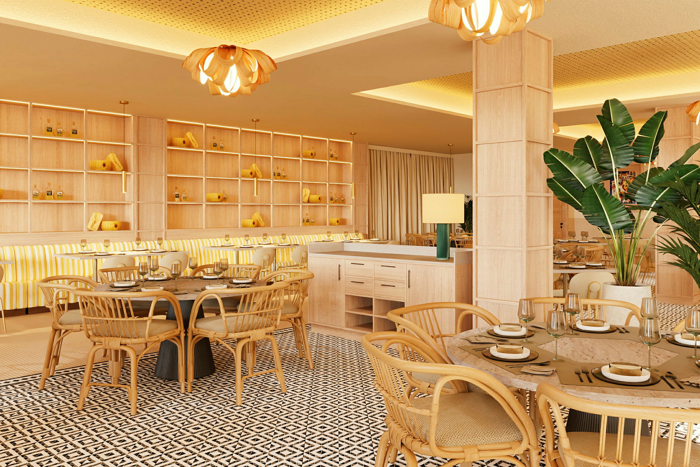 En modern restaurang interiör med naturfärgade möbler, gröna växter och dekorativa lampor. (AI-genererad text)