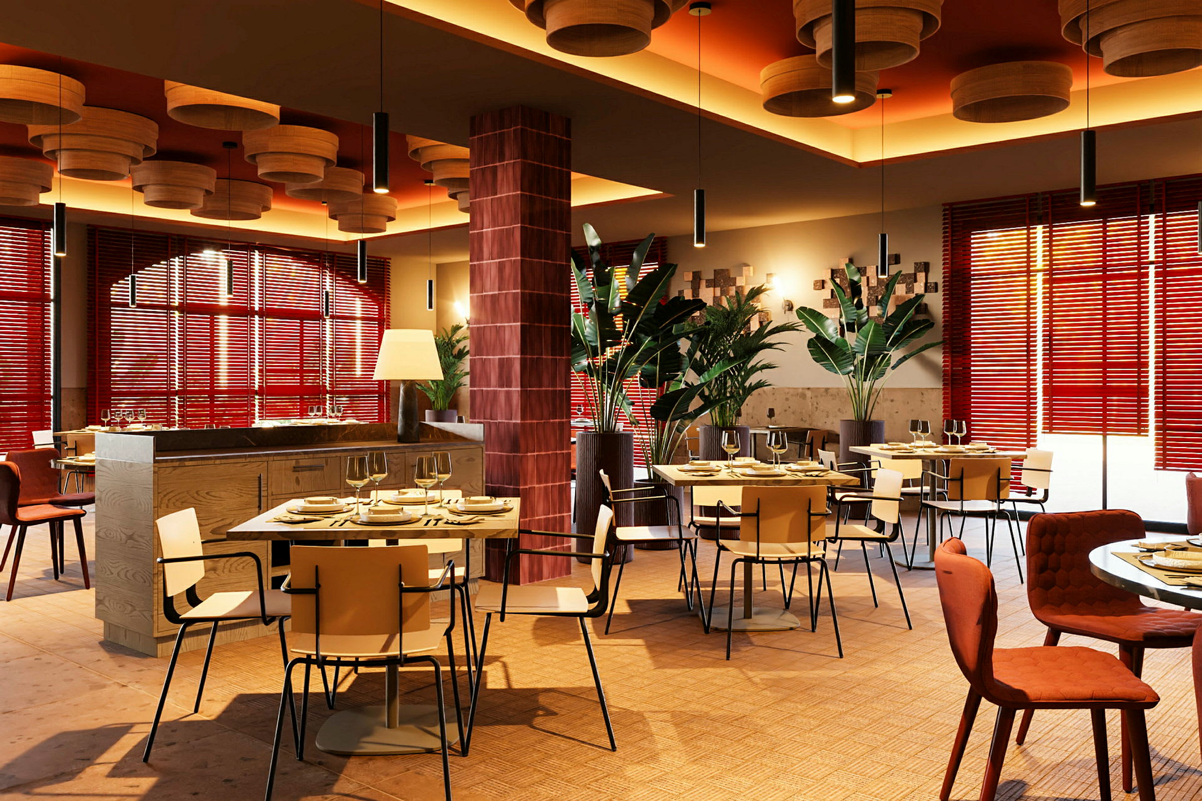 En elegant inredd restaurang med dukade bord och moderna möbler. (AI-genererad text)