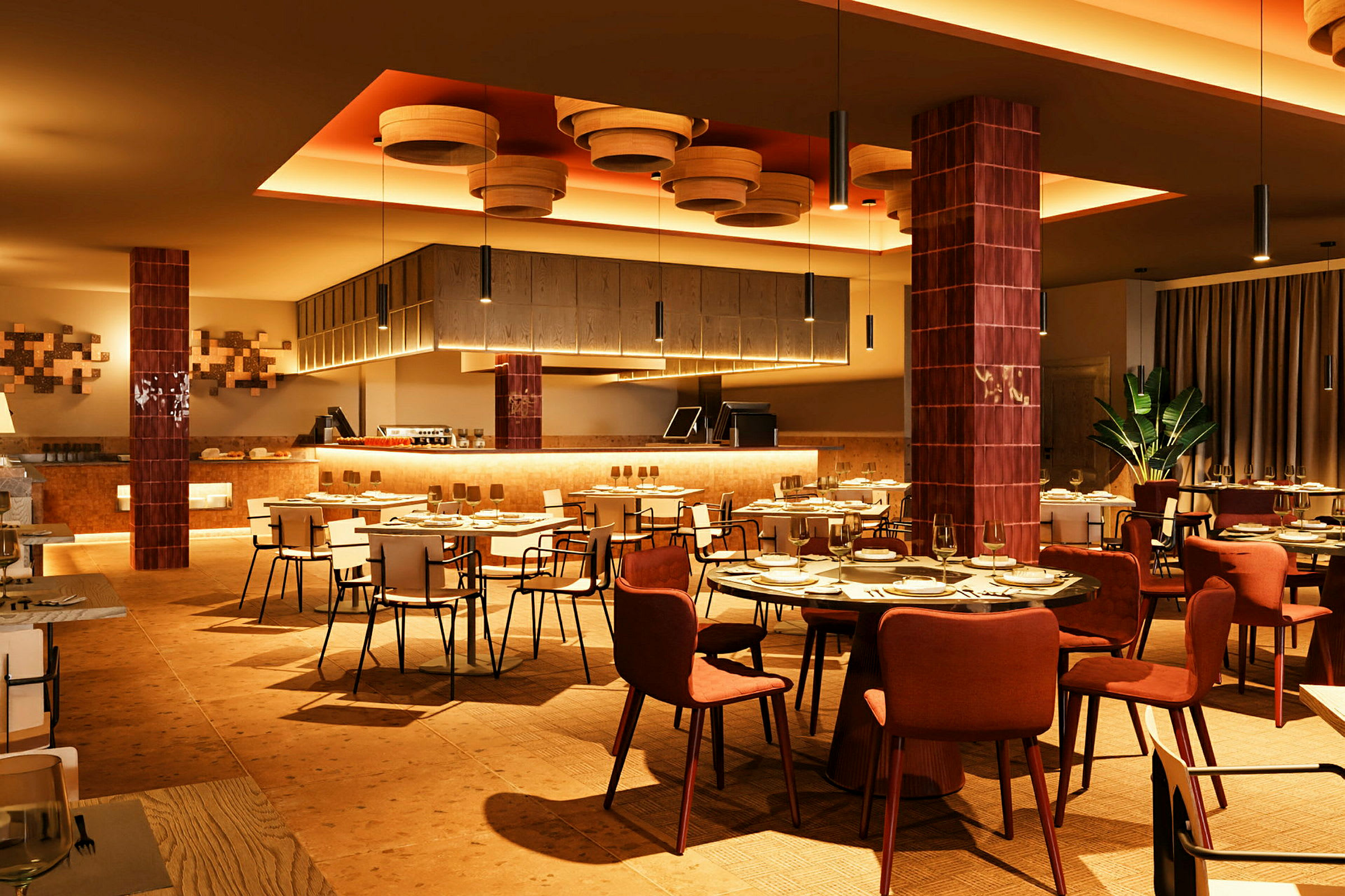 Interiör av en elegant restaurang med snygga möbler och varm belysning. (AI-genererad text)