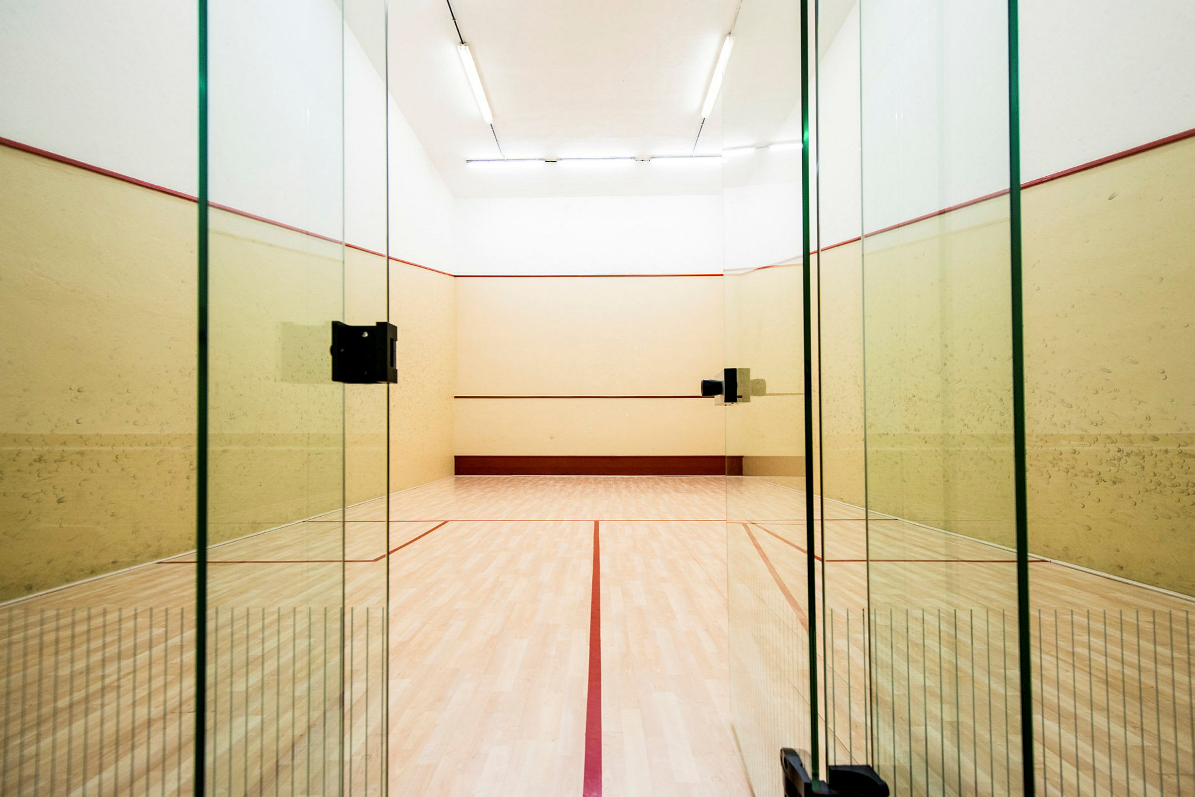 En squashbana med glasdörrar och ljusa väggar. (AI-genererad text)
