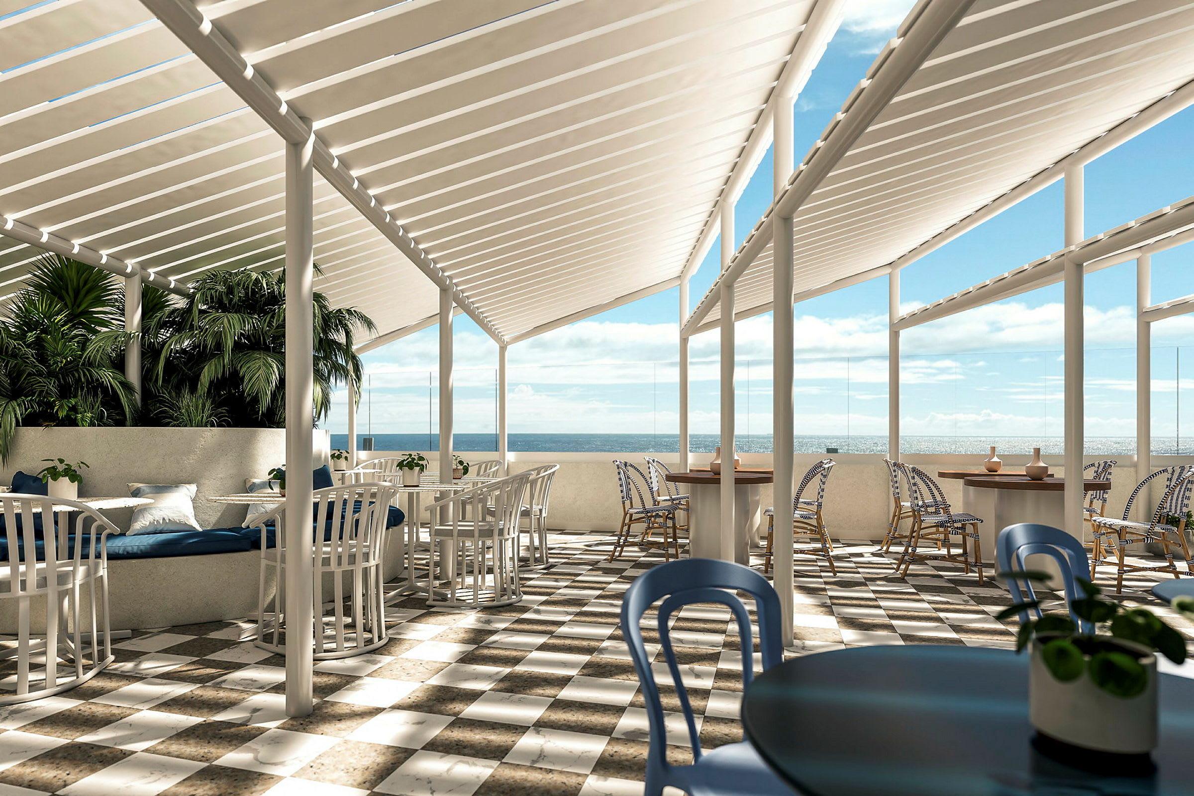 En utomhusrestaurang med vita pergolor och havsutsikt. Bord och stolar är placerade på ett rutigt golv, och växter bidrar till en inbjudande atmosfär. (AI-genererad text)