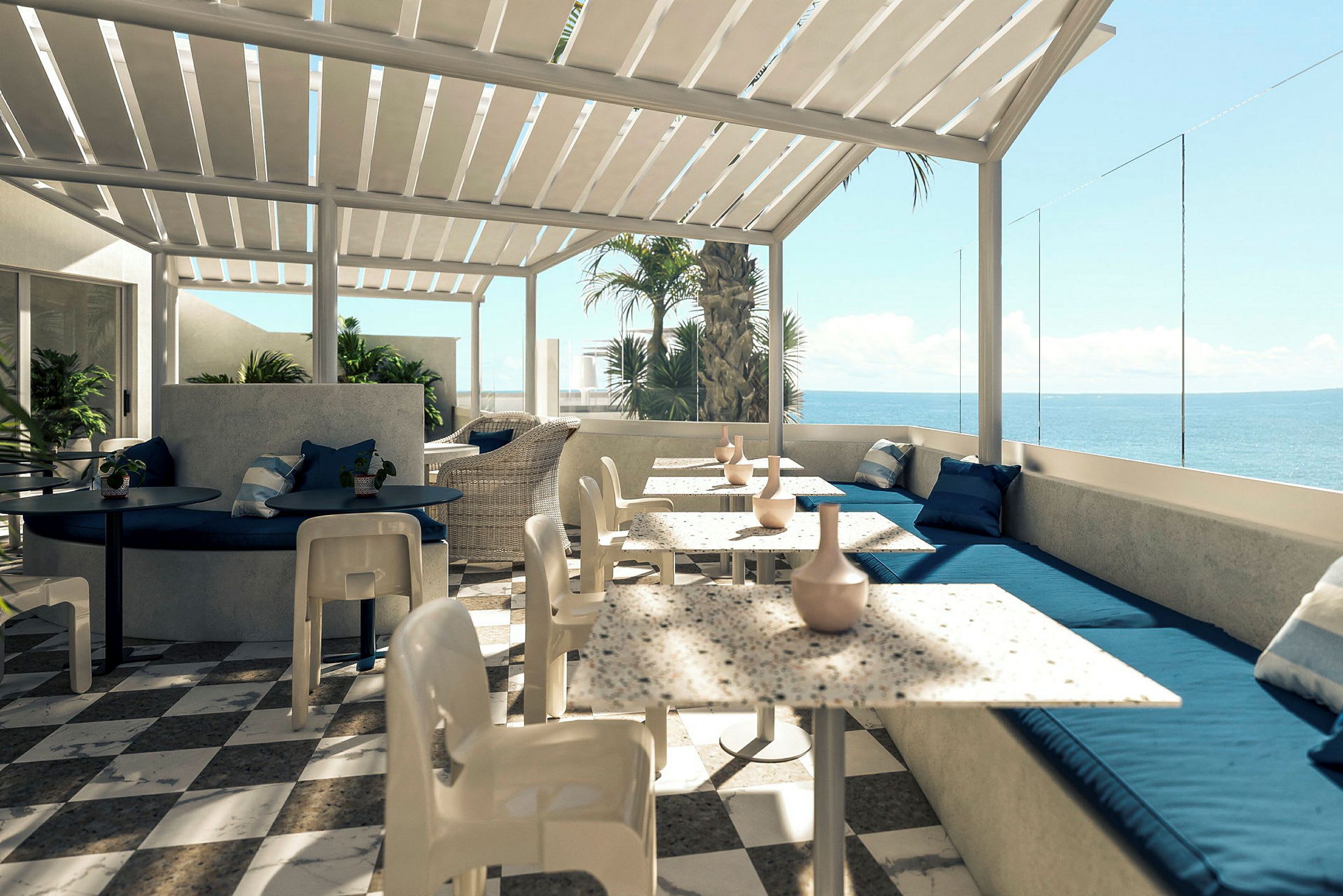 Terrass med bord och stolar under pergola, utsikt mot havet. (AI-genererad text)