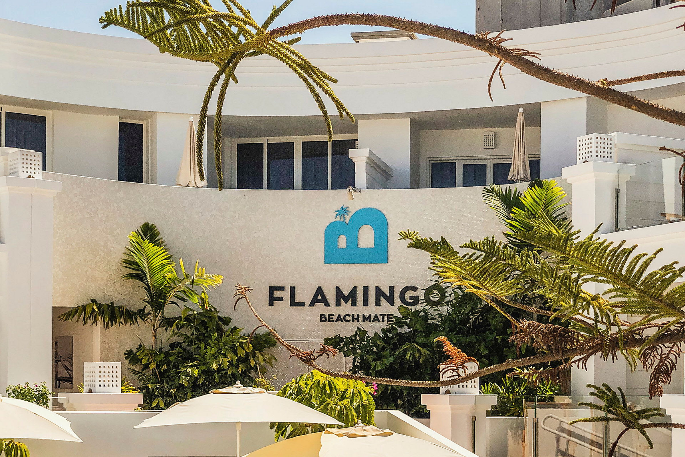 En modern byggnad med en skylt där det står Flamingo Beach Mate, omgivet av palmer och parasoller. (AI-genererad text)
