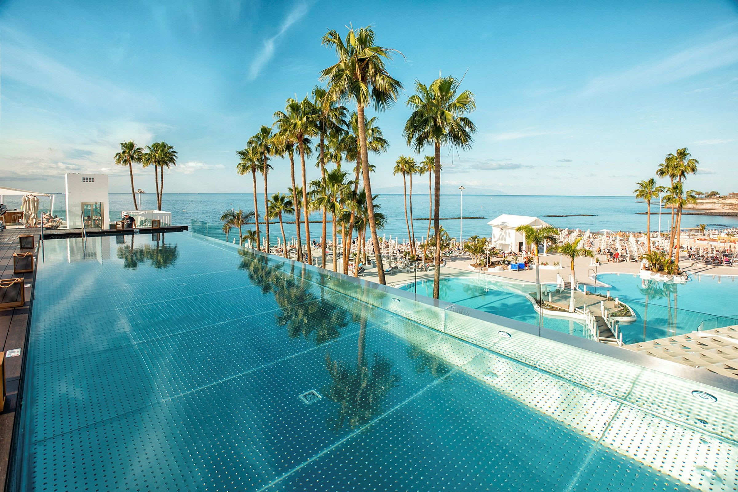 En infinitypool vid havet omgiven av palmer. (AI-genererad text)