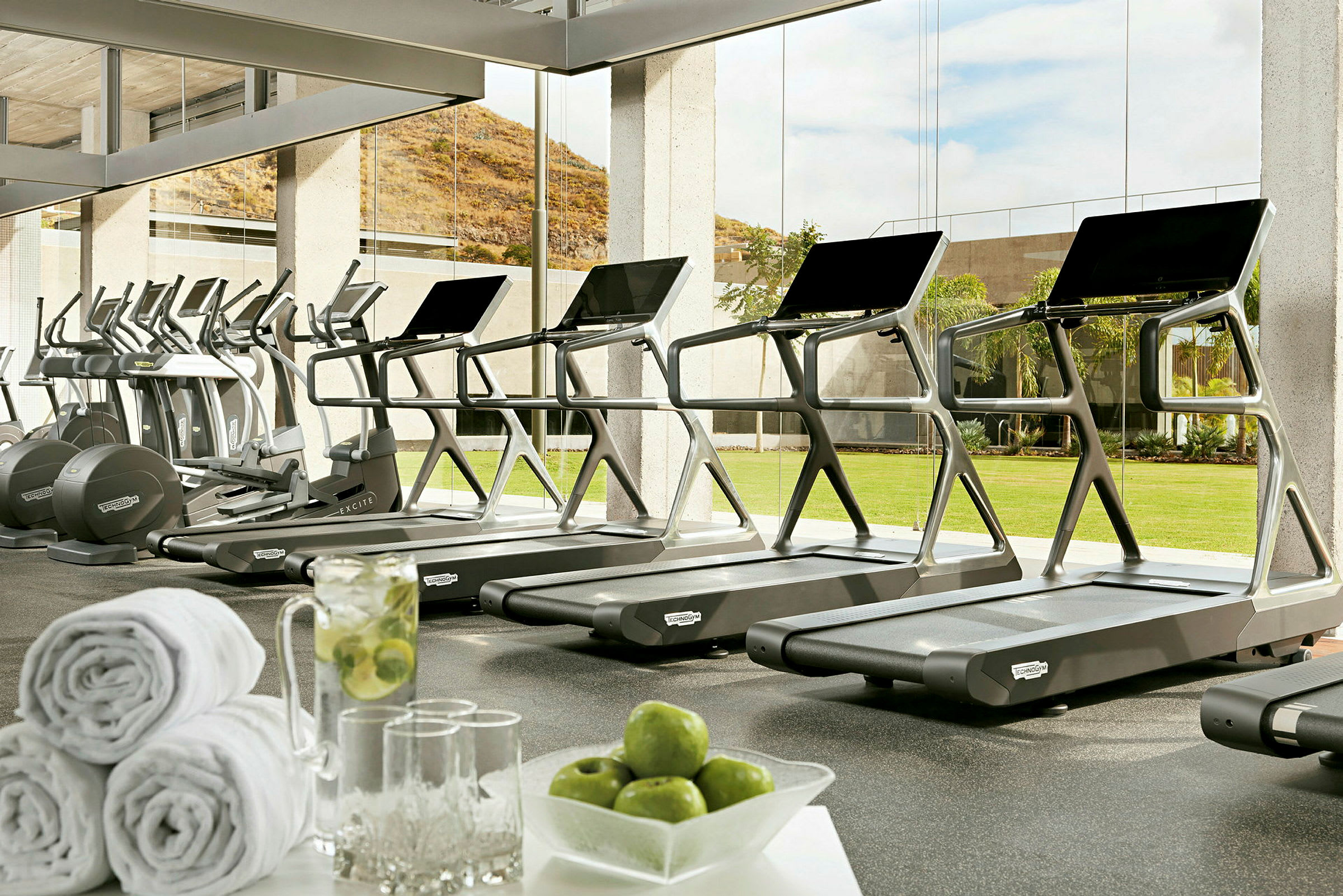 Gymutrustning i ett modernt gym med löpband, vikter och handdukar, samt glas som släpper in naturligt ljus och grön utsikt. (AI-genererad text)