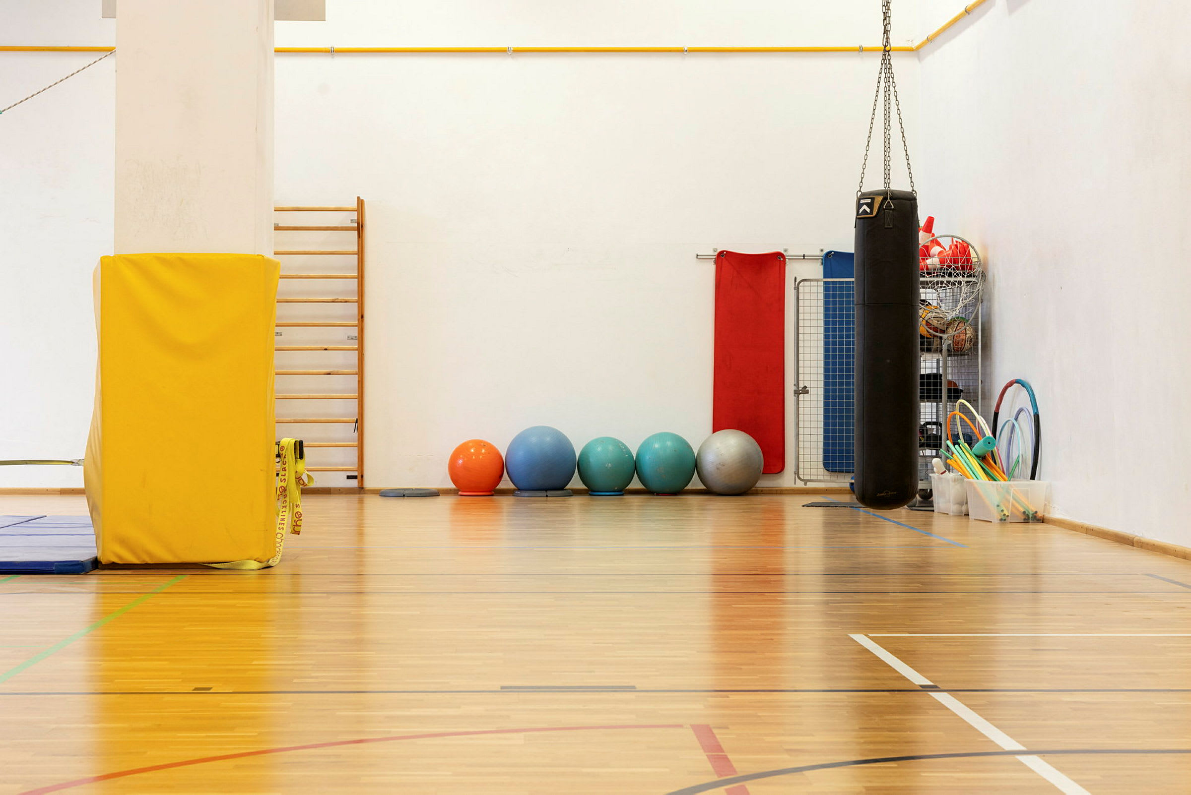 Ett gym med träningsutrustning såsom bollar, boxningssäck och balansredskap. (AI-genererad text)