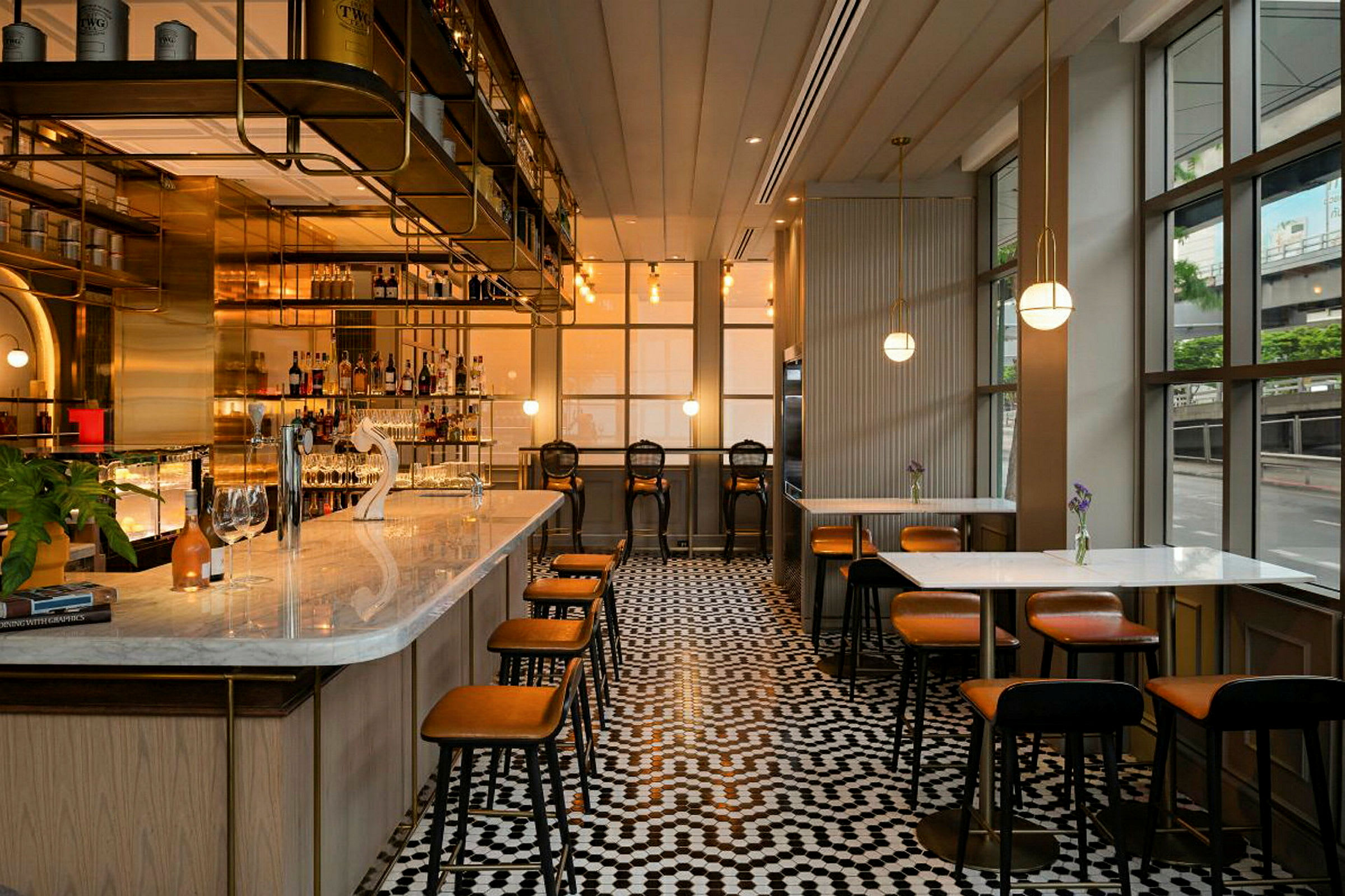 Bild av en stilfull bar med moderna möbler och design. (AI-genererad text)