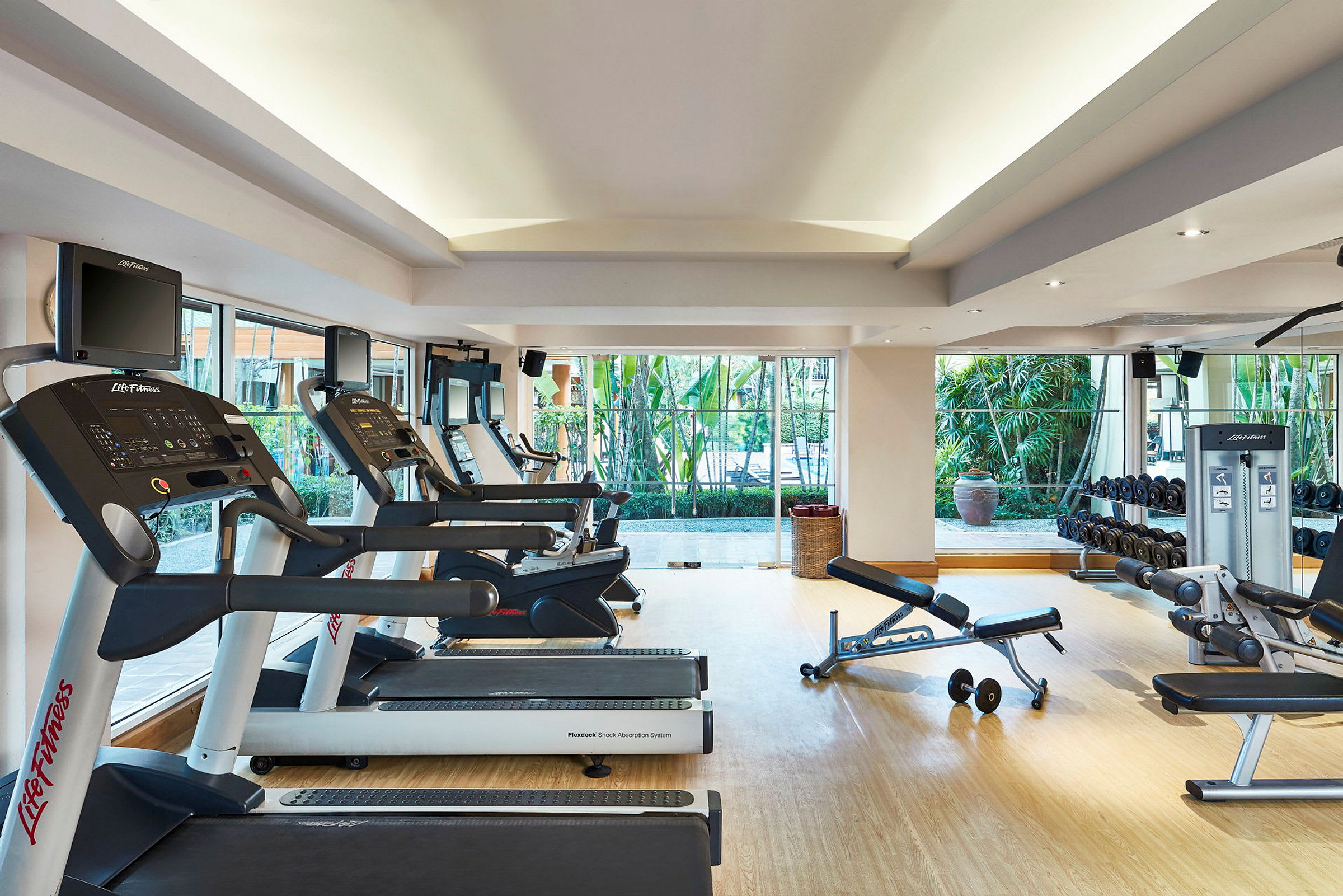 Ett gym med träningsmaskiner och vikter. Fönster vetter mot en grön uteplats. (AI-genererad text)