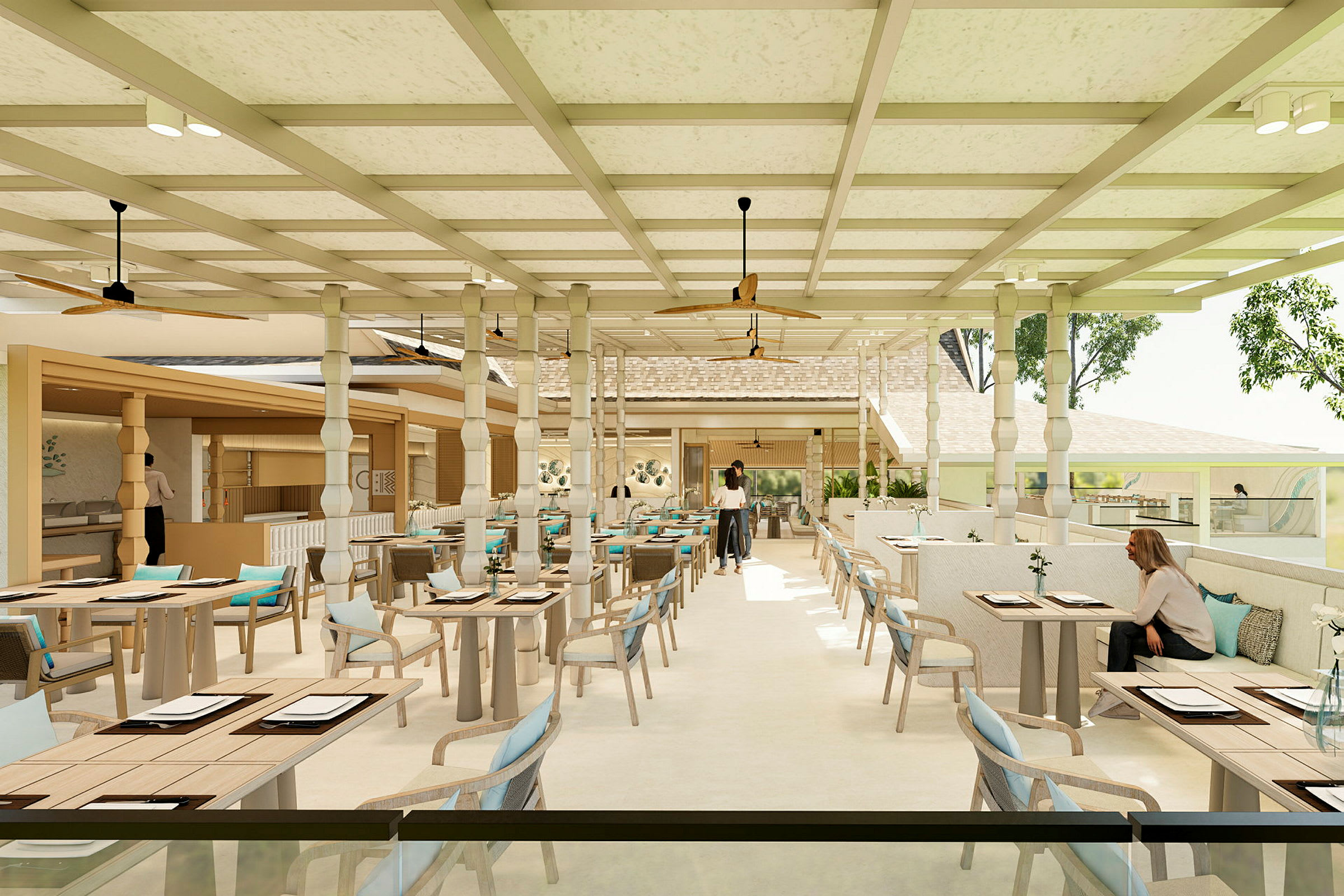 Ljust och luftigt restaurangområde med bord och stolar under en pergola. (AI-genererad text)