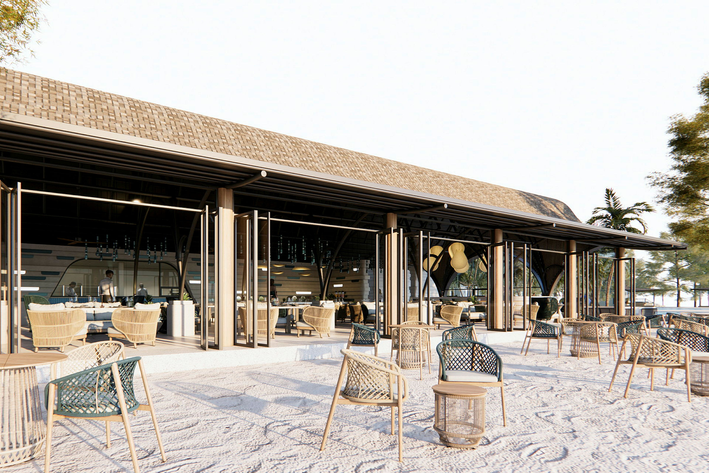 En utomhus vy av en restaurang med halmtak och sittgrupper på sanden. (AI-genererad text)