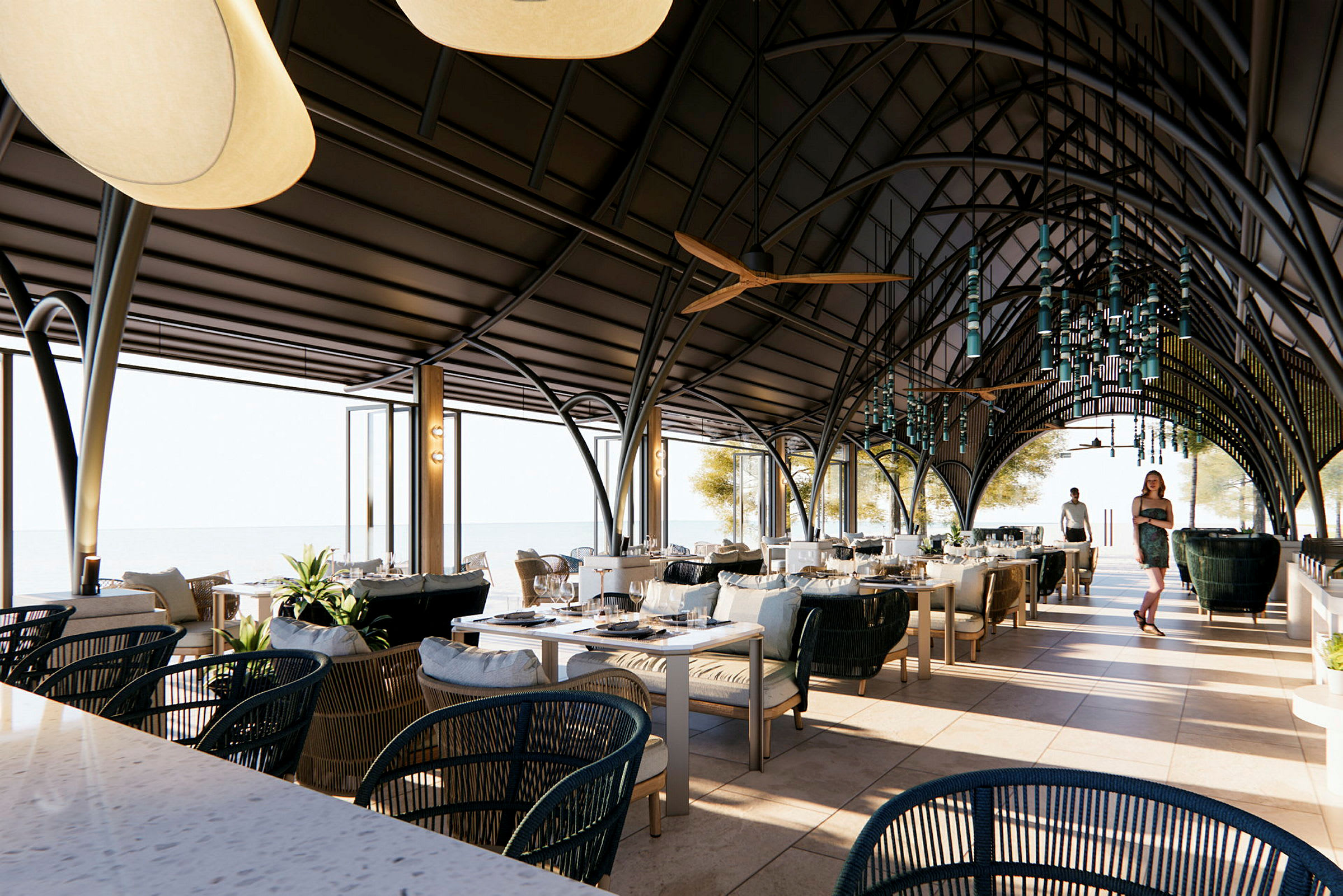En stilfull restaurang med höga tak och sittmöbler. (AI-genererad text)