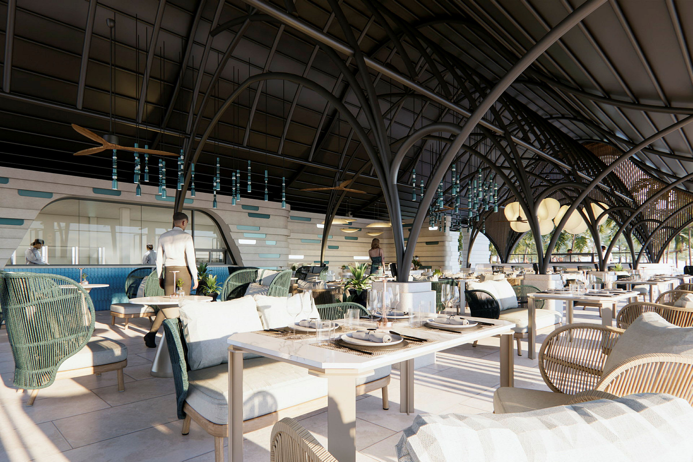En modern restaurang med eleganta möbler och stora fönster. (AI-genererad text)