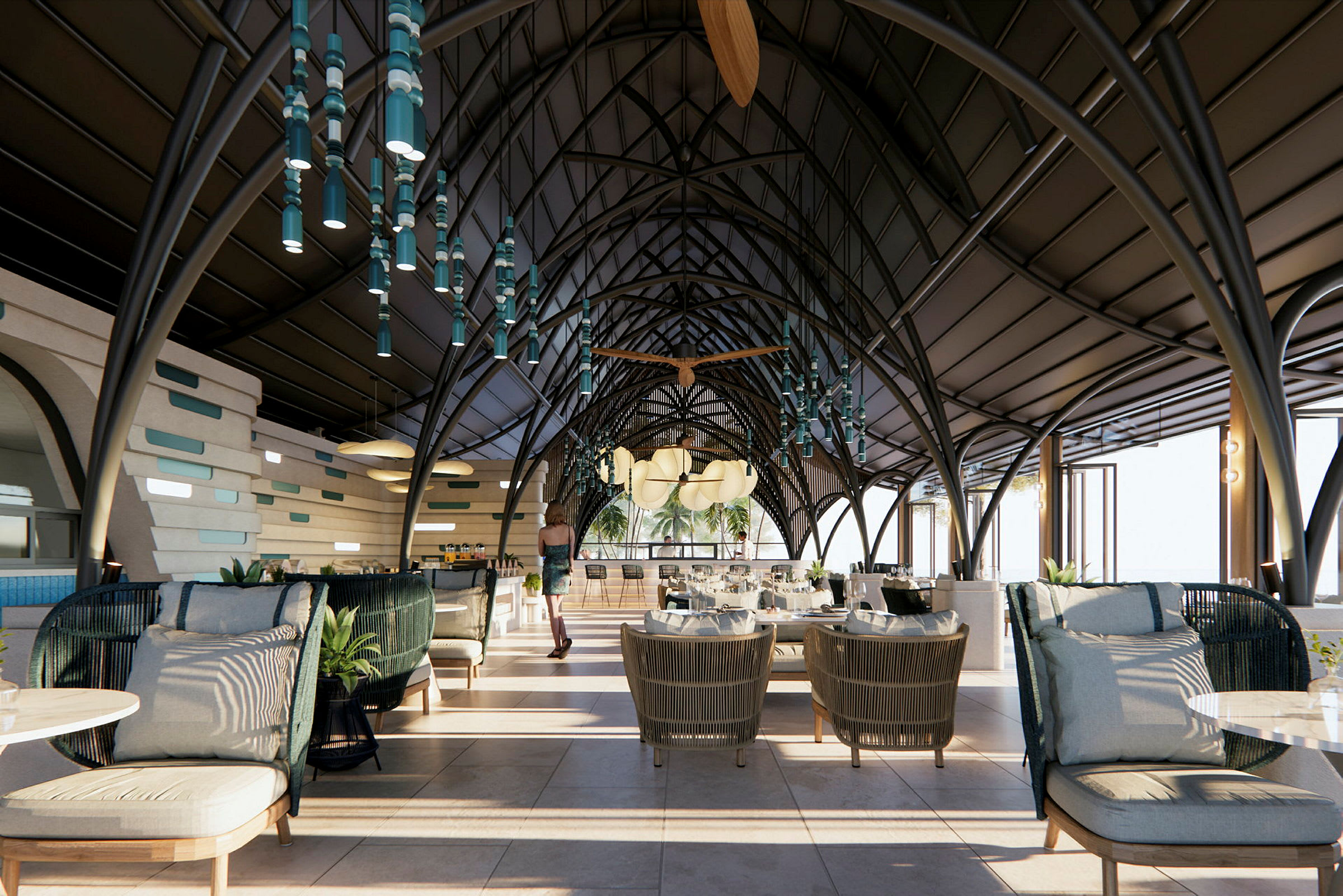 Interiören i en rymlig, modern restaurang med välvda tak och flera sittgrupper. (AI-genererad text)