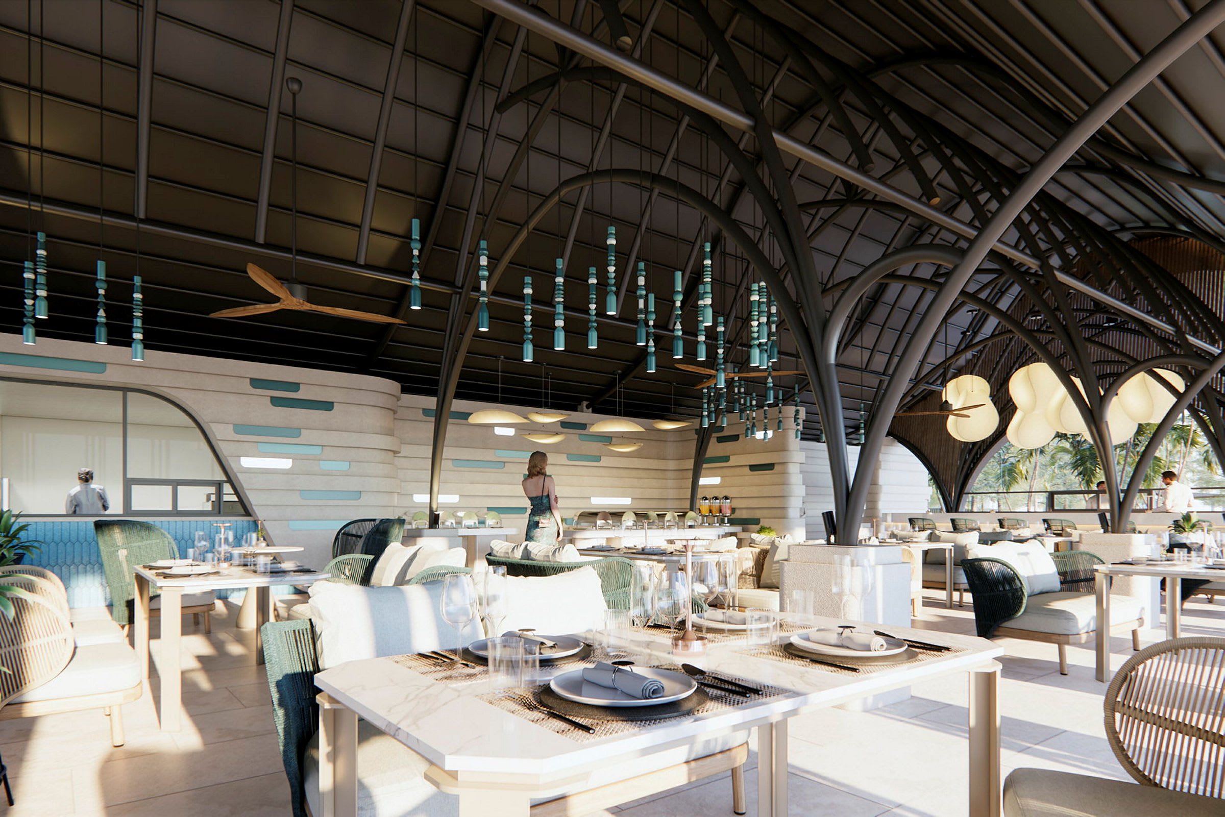 Restaurang med elegant inredning och upplyst tak. (AI-genererad text)