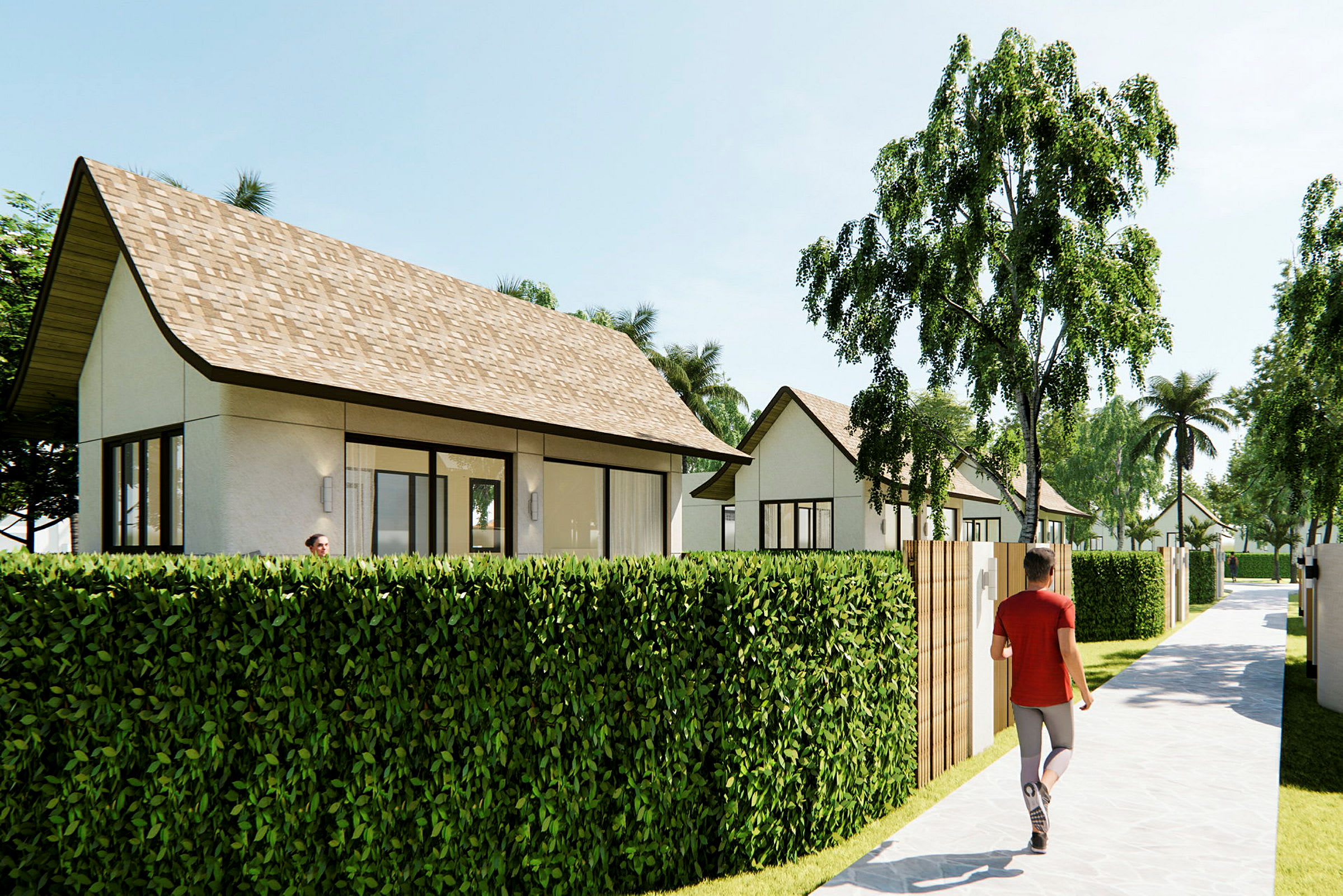 Bild av små hus med sluttande tak omgivna av gröna häckar och träd. (AI-genererad text)