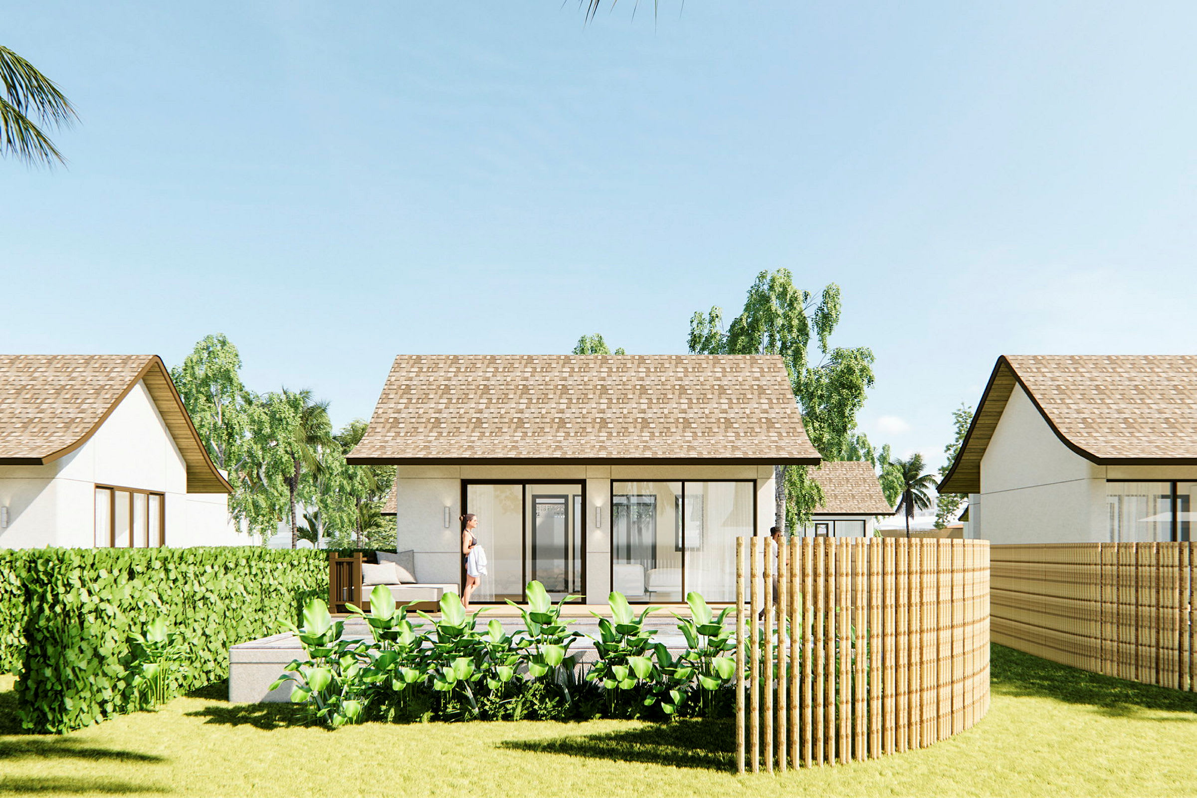 En modern villa med terrass omgiven av grönska. (AI-genererad text)