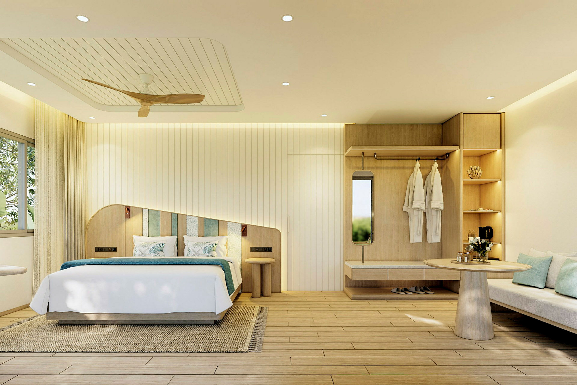 Ett modernt hotellrum med en dubbelsäng, trädetaljer och sittgrupp. (AI-genererad text)