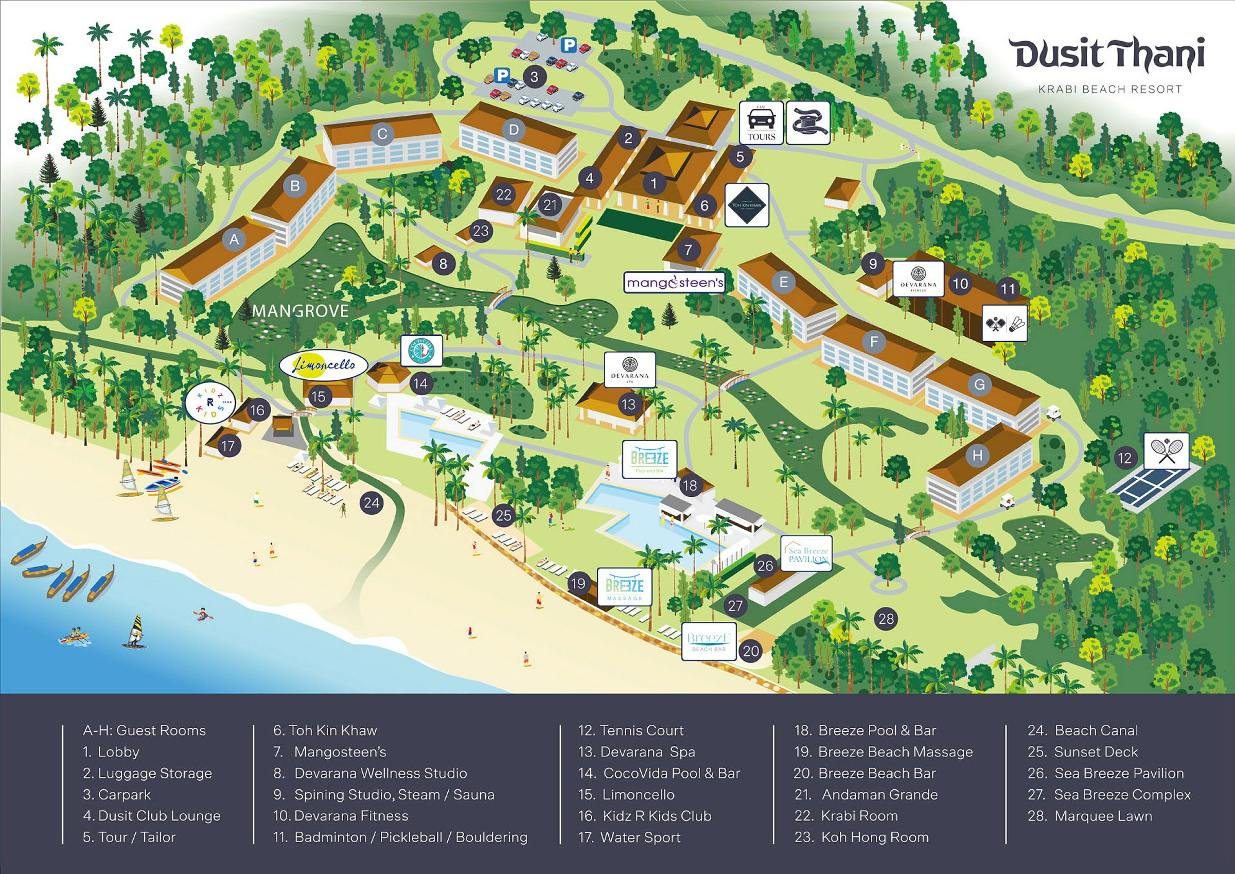 En illustrerad karta över Dusit Thani Krabi Beach Resort med byggnader, faciliteter och strandområde markerade. (AI-genererad text)