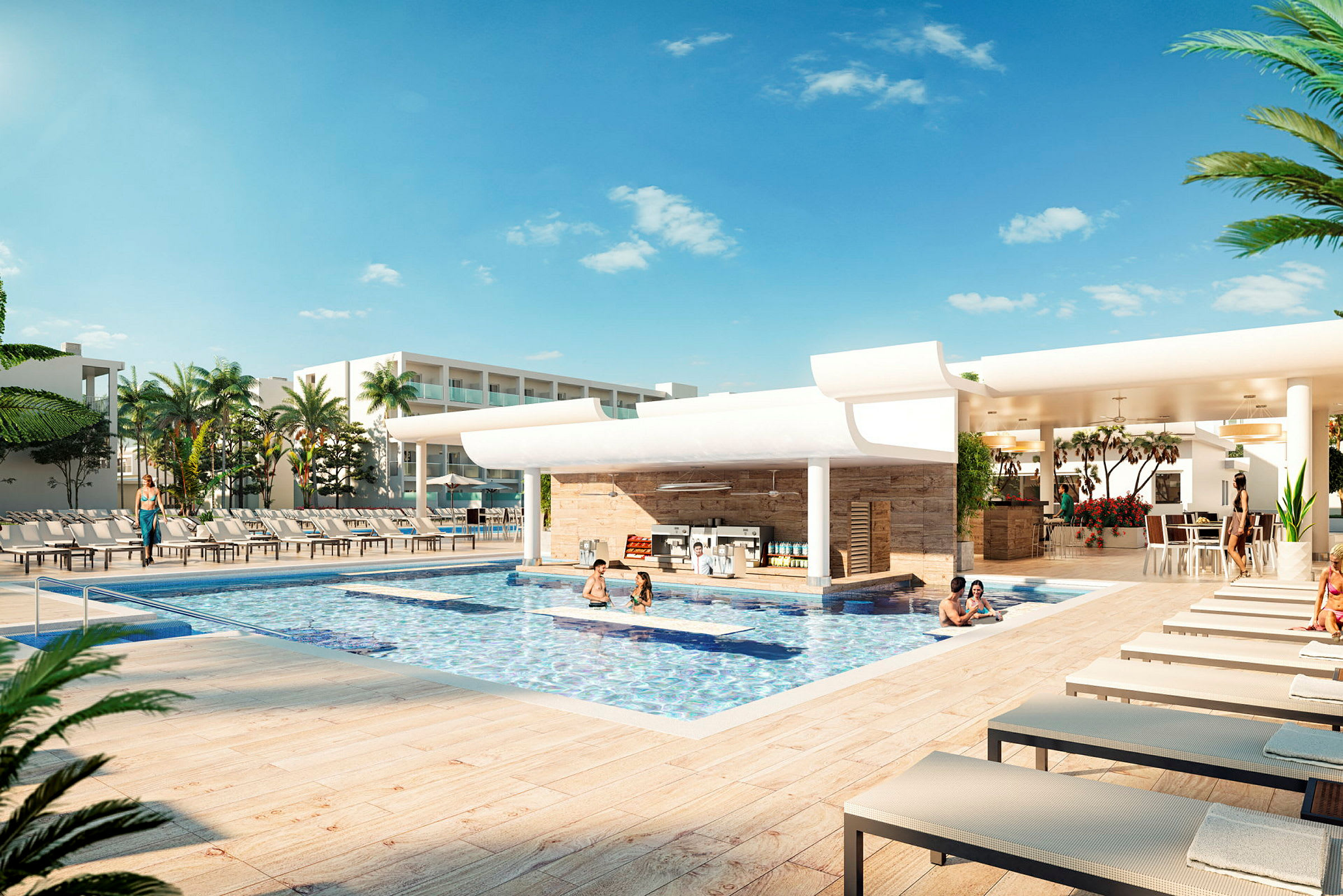 Utomhuspool med solstolar och ett poolbarområde, omgiven av palmträd och moderna byggnader. (AI-genererad text)
