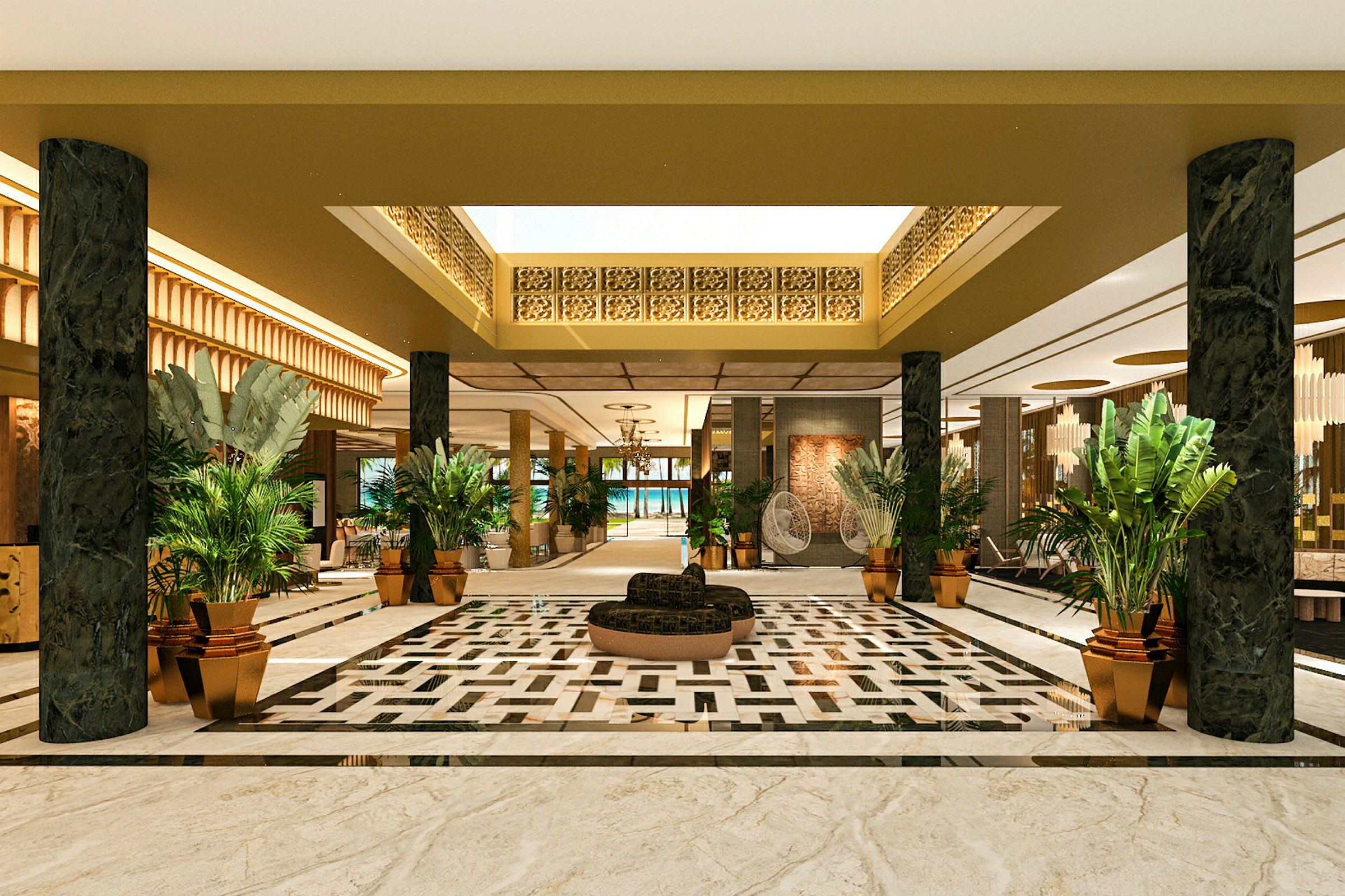 Ett elegant hotellobby med mönstrat golv, gröna växter i krukor och ljuskronor i taket. (AI-genererad text)