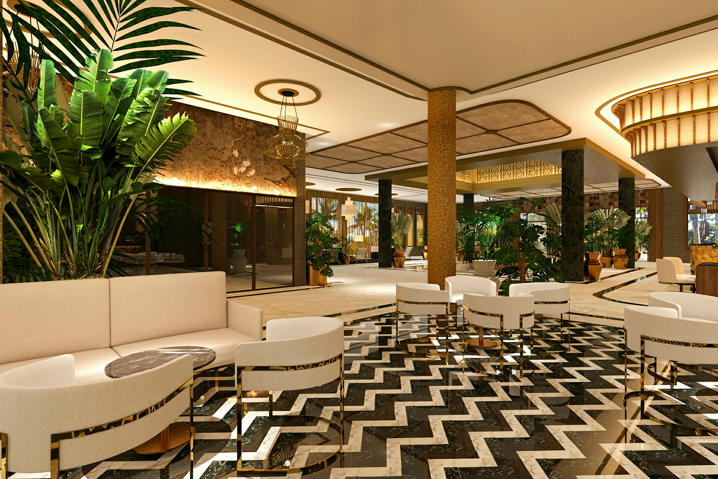 En elegant hotellobby med modern inredning, vita möbler, mönstrat golv och grönskande växter. (AI-genererad text)