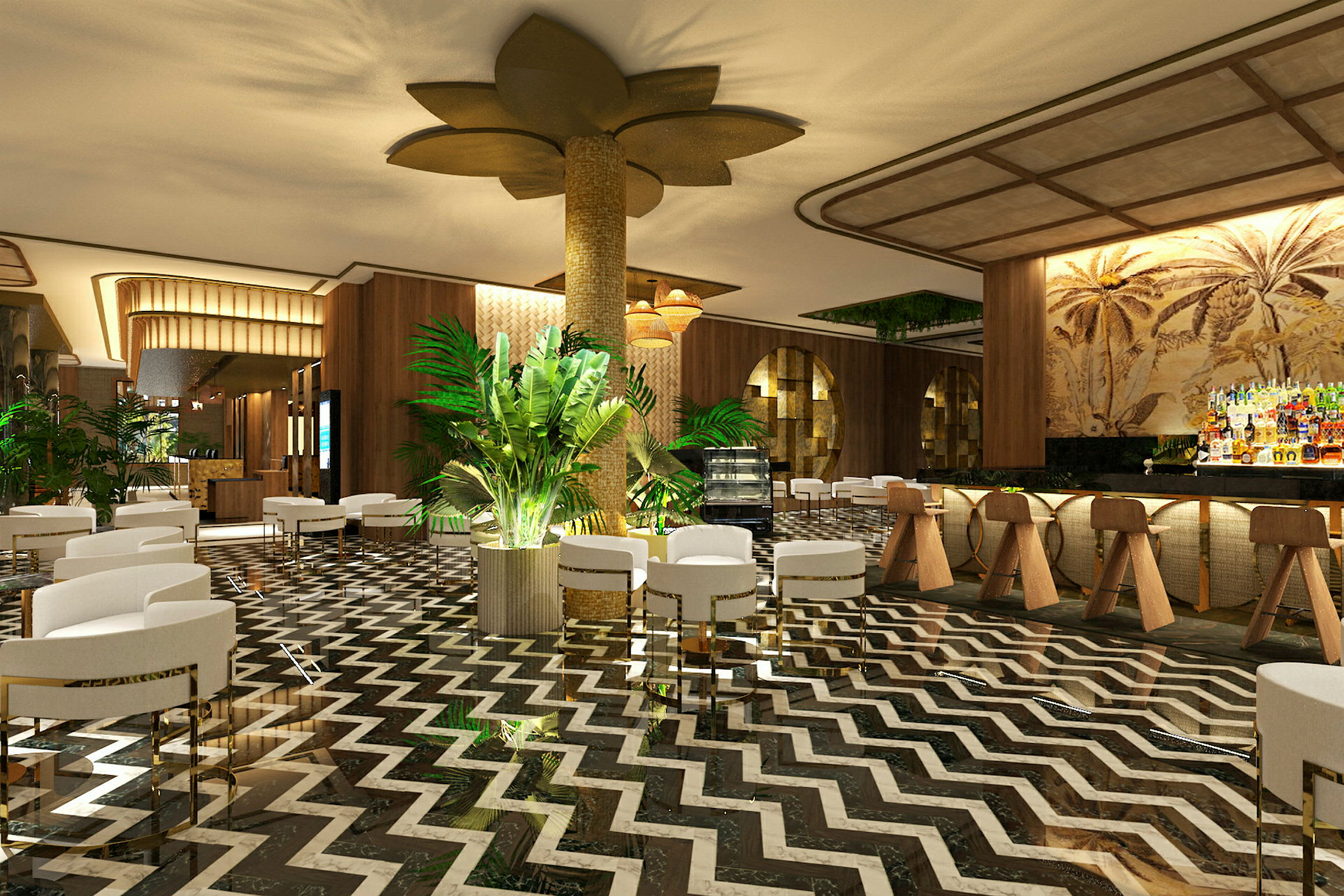 Modern och elegant hotellobby med marmorgolv i zickzackmönster, gröna växter, vita fåtöljer och en välbelyst bar. (AI-genererad text)