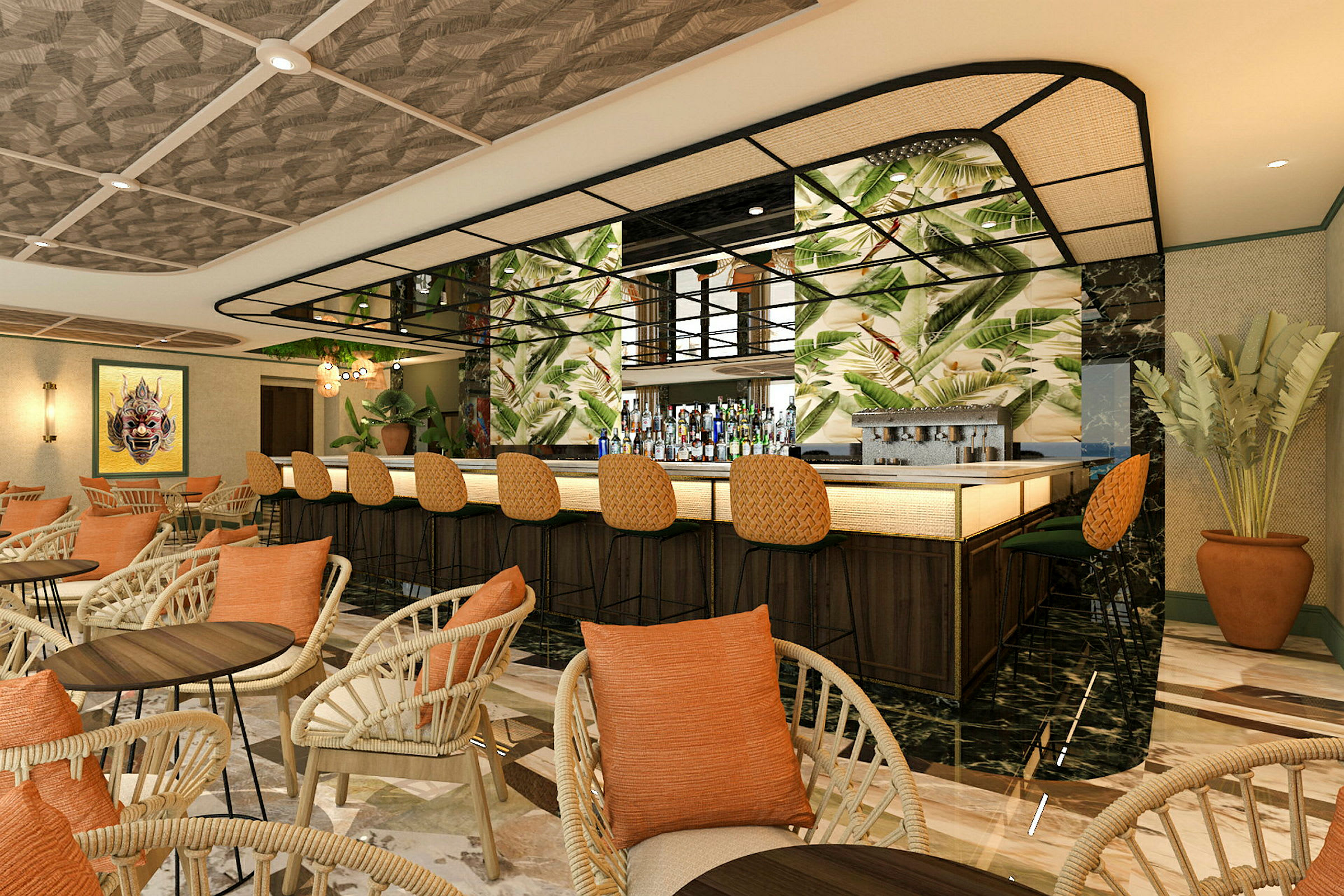 En modern bar med en lång bardisk, pallar och sittplatser i ljusa färger. Väggarna pryds av motiv med växtdesign. (AI-genererad text)