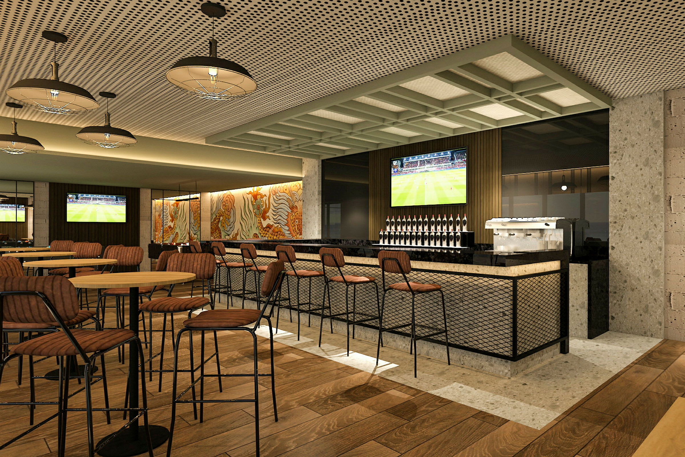 En modern bar med höga stolar vid en lång bardisk, flera bord och stolar samt två TV-skärmar som visar en sportsändning. (AI-genererad text)