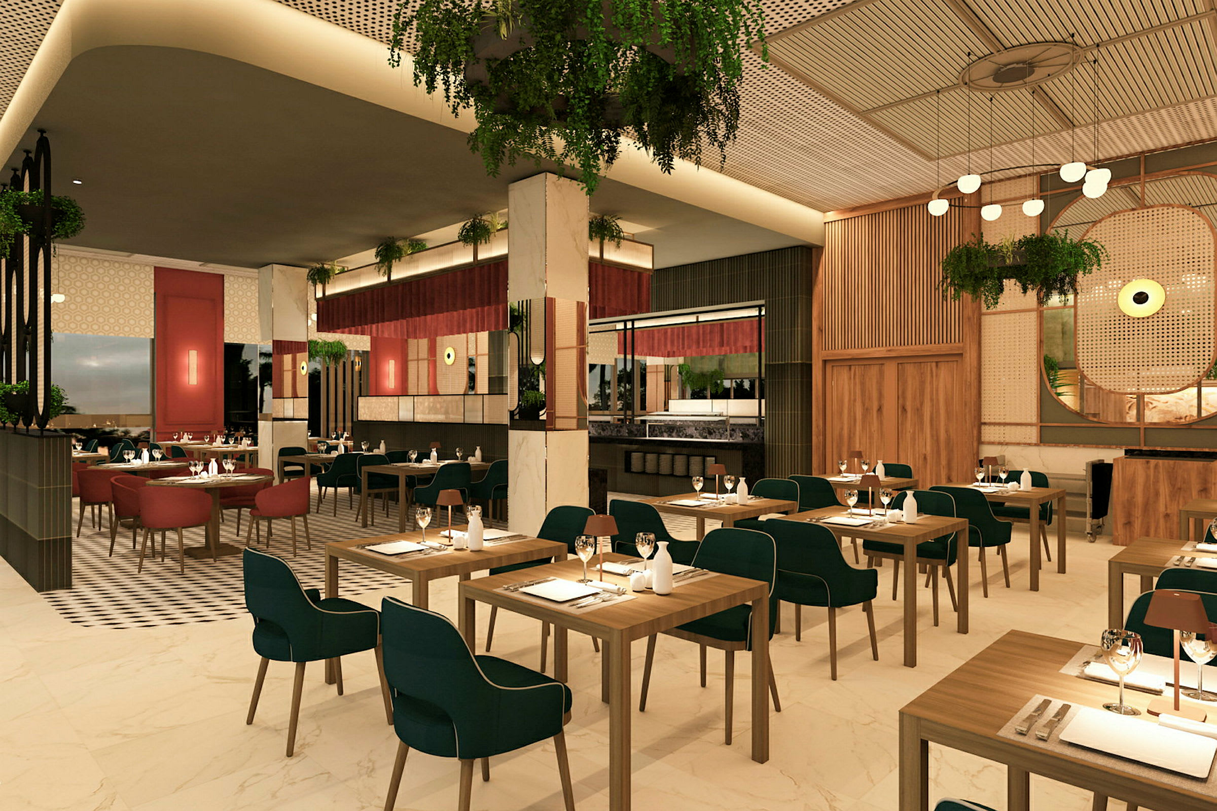 En matsal med uppsatta bord och stolar i en elegant miljö med modern inredning. (AI-genererad text)