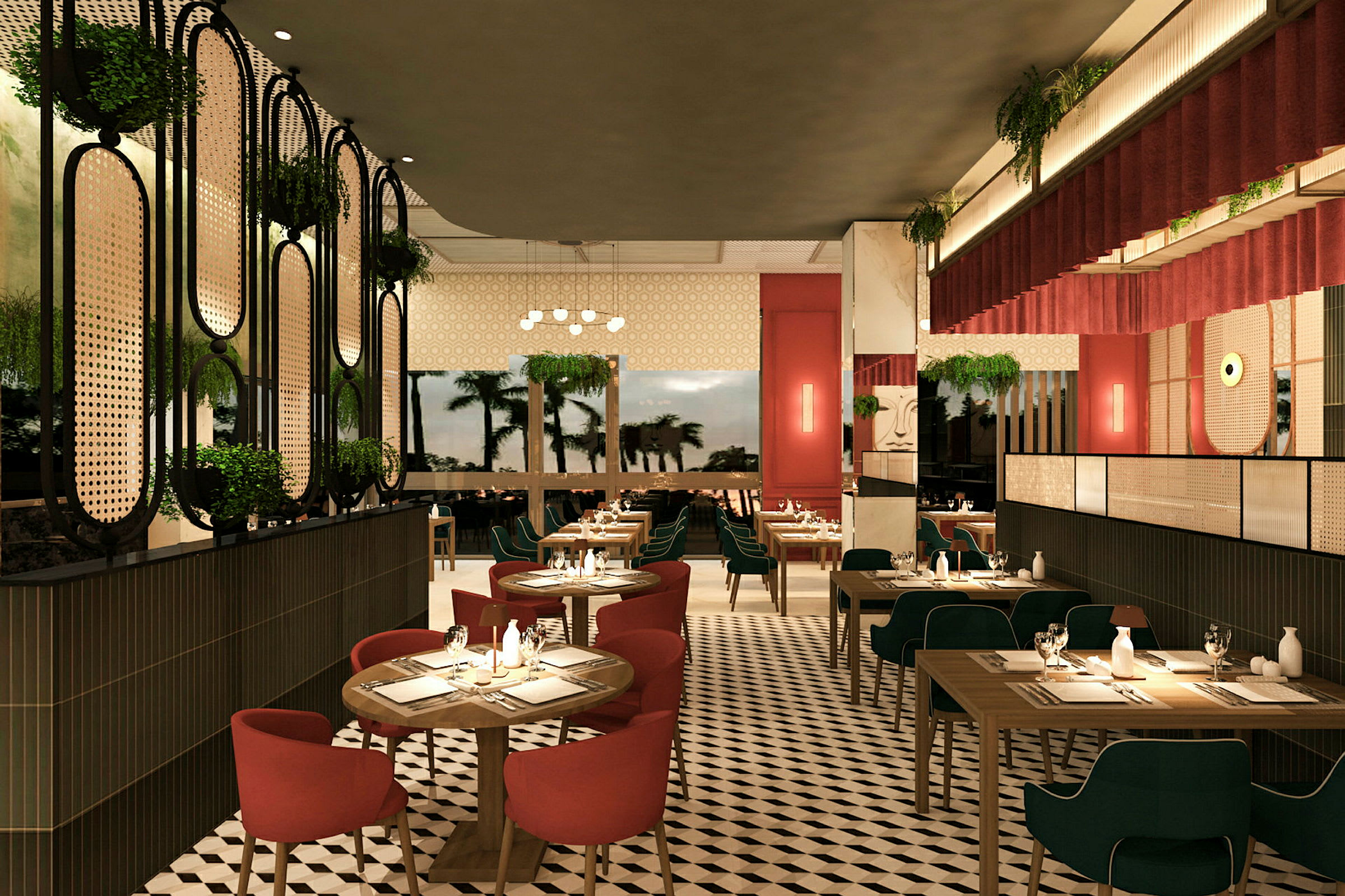 En modern restauranginteriör med röda och gröna stolar samt träbord, golv med geometriskt mönster och dekorativa växter. (AI-genererad text)